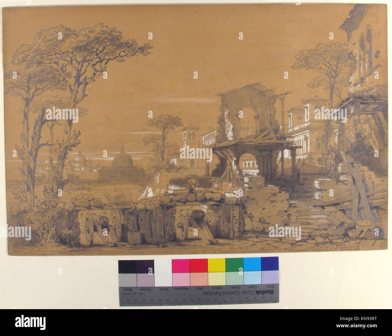 Dieses Bühnenbild für die Opéra in Paris zeigt eine Landschaft in Richtung Rom und veranschaulicht detaillierte, phantasievolle Szenarien, die künstlerische Elemente mit theatralischem Erzählen verbinden. Stockfoto