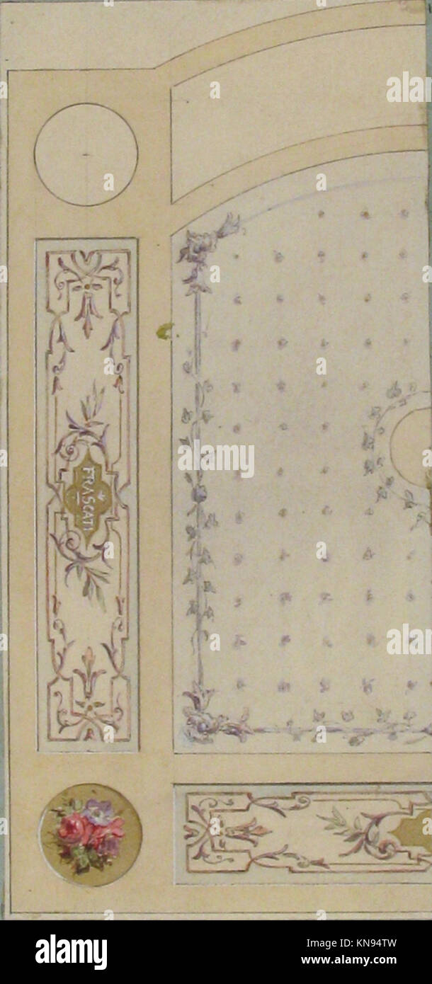 Design für Wand- oder Deckenpaneele mit dekorativen Elementen und dem Wort „Frascati“, das historischen künstlerischen und kulturellen Kontext widerspiegelt. Stockfoto