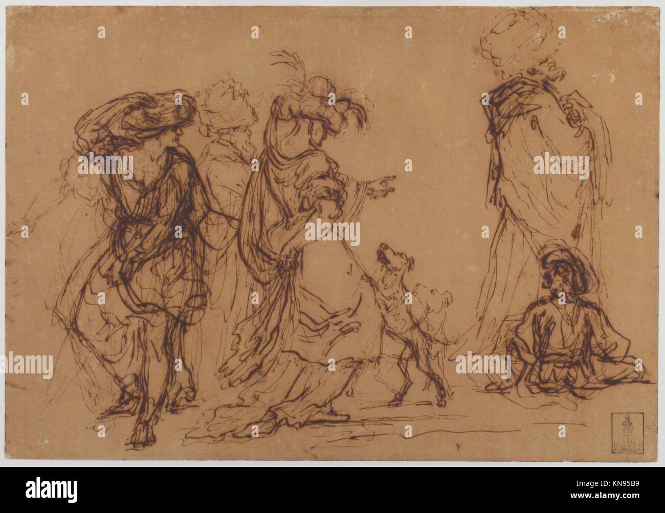 Dieses Kunstwerk zeigt fünf aufwendig gekleidete Figuren mit zwei Hunden und zeigt Kostümdesign, ornamentale Details und fantasievollen künstlerischen Ausdruck. Stockfoto