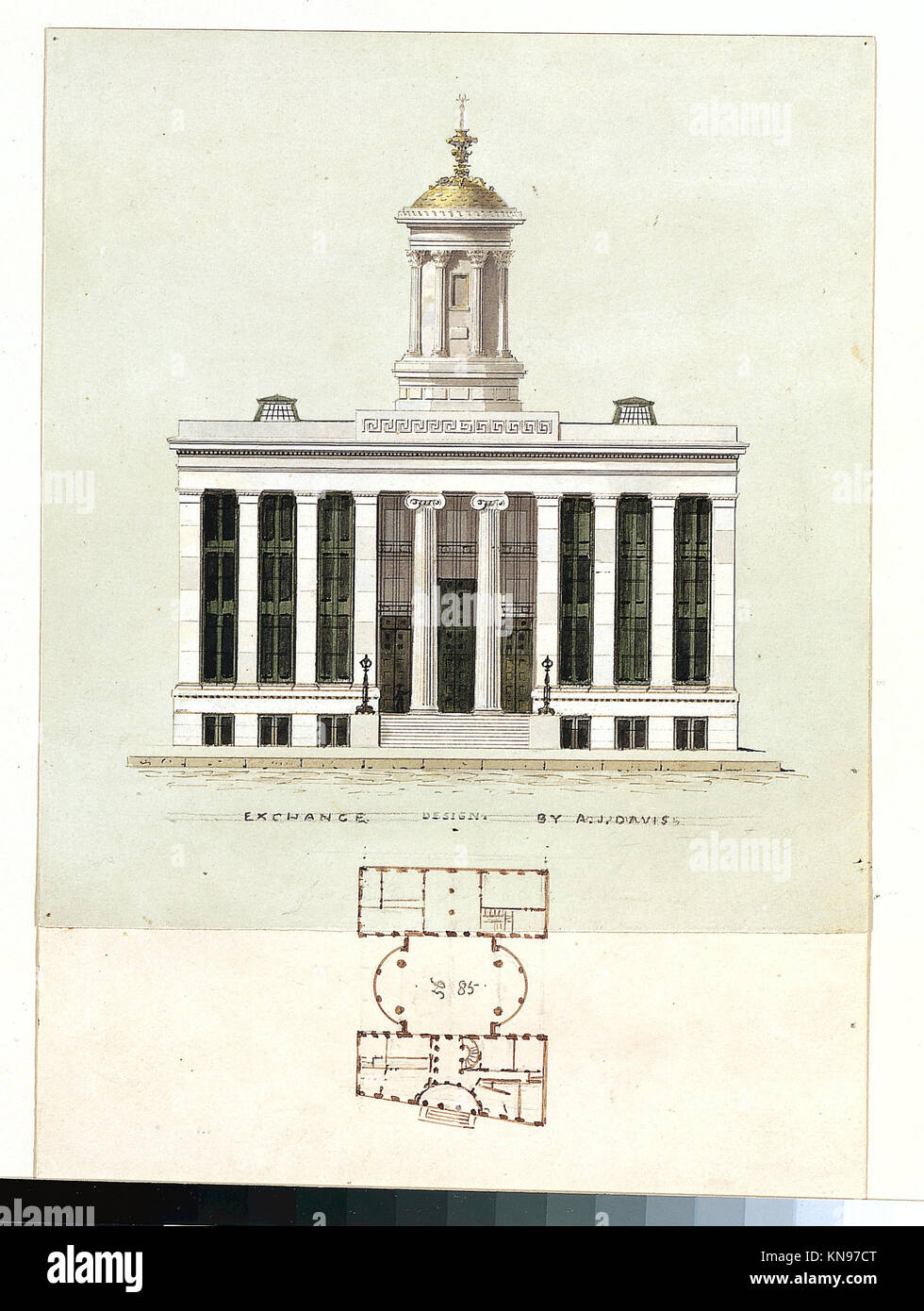 Das nicht ausgeführte architektonische Design veranschaulicht Fassaden- und Grundrisskonzepte für die First Merchant's Exchange und spiegelt frühe amerikanische Baupraxis und Planung wider. Stockfoto
