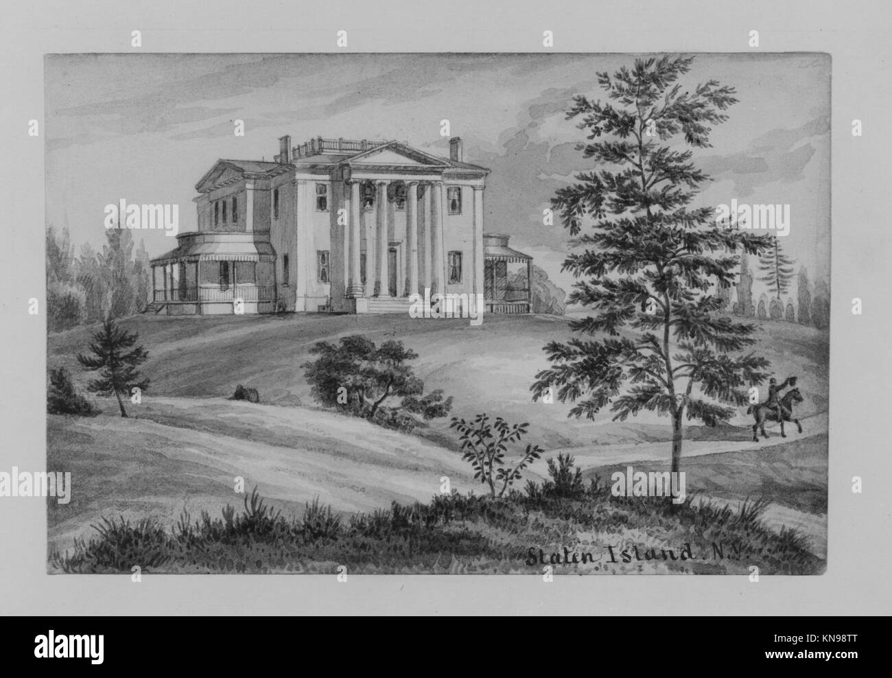 Colonial Mansion on Staten Island, New York MET 192823 383429 Künstler: August K?llner, Amerikaner, aktiv 1838?72, Colonial Mansion on Staten Island, New York, ca. 1872, Aquarell, Bild: 4 13/16 x 7 3/16 Zoll (12.2 x 18.3 cm) Blatt: 7 5/8 x 10 1/4 Zoll (19.4 x 26 cm). Das Metropolitan Museum of Art, New York. The Edward W. C. Arnold Collection of New York Prints, Maps and Pictures, Bequest of Edward W. C. Arnold, 1954 (54.90.85) Stockfoto