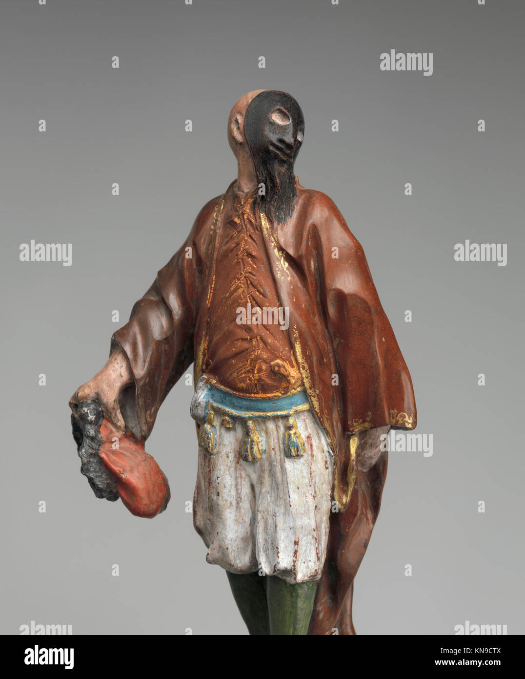 Brighella, eine Figur aus Commedia dell'arte, dargestellt in einem italienischen Kunstwerk aus dem 16. Jahrhundert in der MET, veranschaulicht theatralische Tradition, Kostüme, Maske und Aufführungskultur. Stockfoto