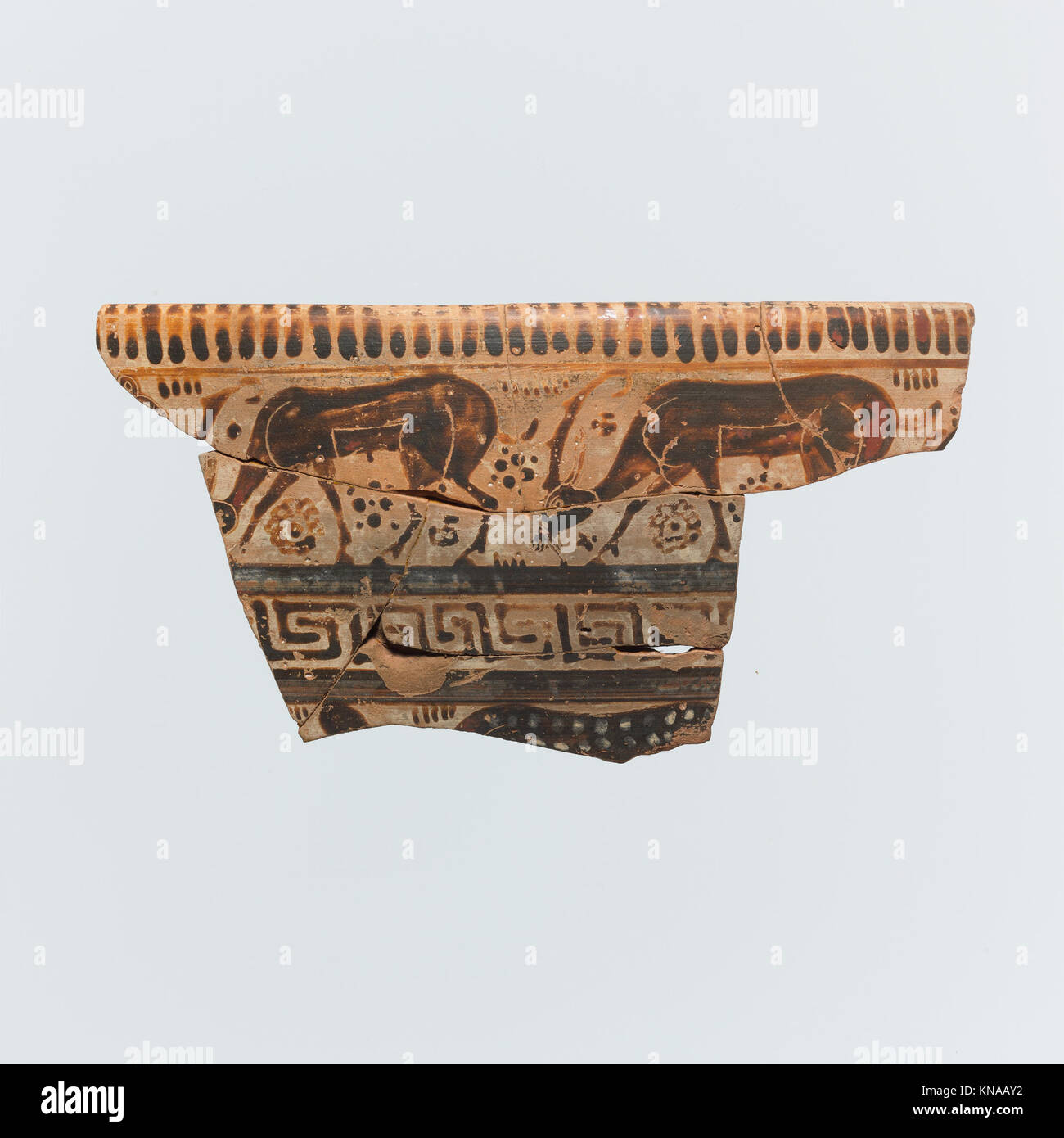 Fragment eines Terrakotta-Kraters (Rührschüssel) MET DP114746 254834 Ostgriechisch, Fragment eines Terrakotta-Kraters (Rührschüssel), 6. Jahrhundert v. Chr., Terrakotta, 3 3/4 ? 7 1/4 ? 3/8 Zoll (9.6 ? 18.4 ? 0.9 cm). Das Metropolitan Museum of Art, New York. Erworben im Austausch vom University Museum, Philadelphia, 1955 (55.71.9) Stockfoto