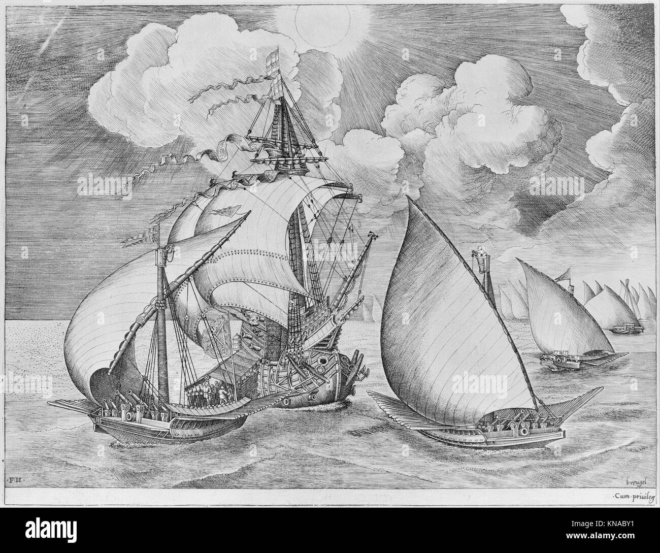 Dieses Kunstwerk zeigt eine Flotte von Galeeren, begleitet von einem Karabel, veranschaulicht die maritime Erkundung und die Geschichte der Marine der Zeit, untergebracht im Metropolitan Museum of Art Stockfoto