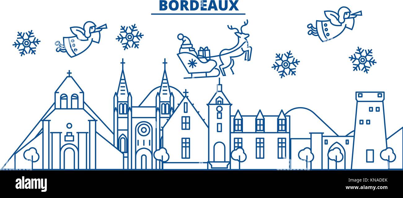 Frankreich, Bordeaux winter City Skyline. frohe Weihnachten, Frohes neues Jahr eingerichteten Banner mit Santa Claus. winter Gruß Line Card. Flach, umriss Vektor. Lineare Weihnachten Schnee Abbildung Stock Vektor