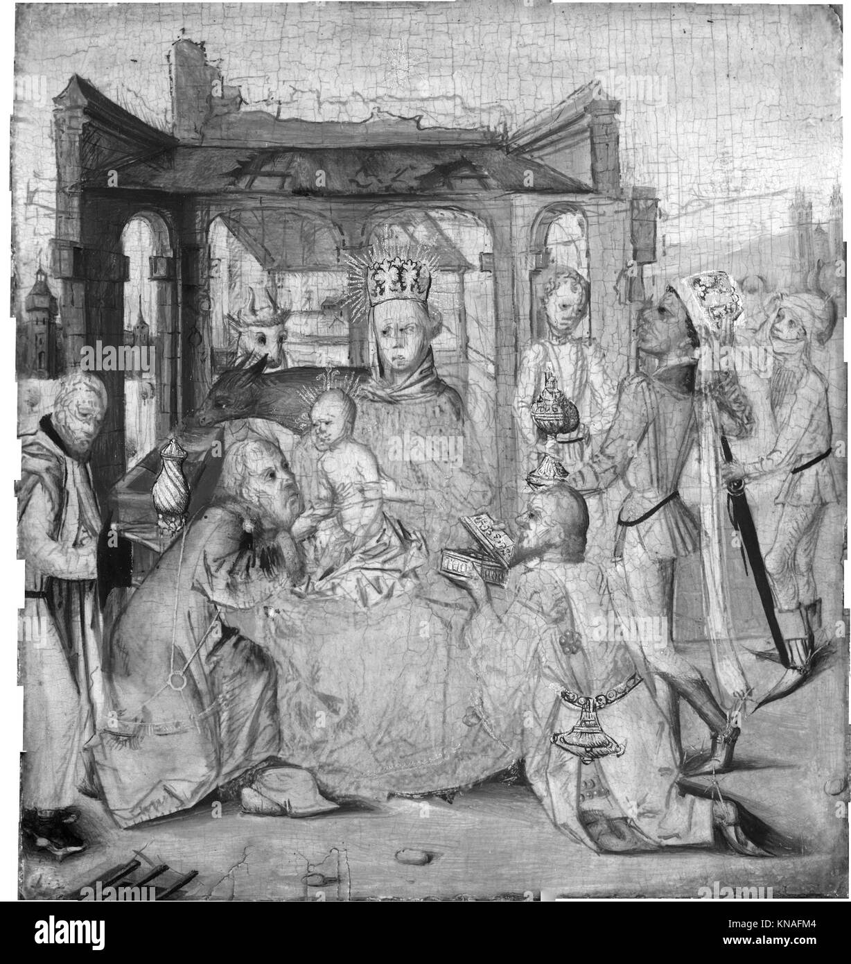 Dieses Kunstwerk der Anbetung der Könige stellt die drei Weisen dar, die dem Jesuskind Geschenke überreichen, und veranschaulicht die religiöse Ikonographie der Renaissance oder des Mittelalters. Stockfoto