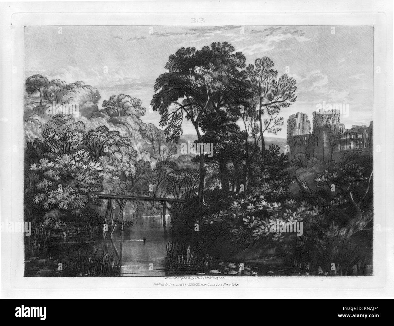 Diese Gravur von Berry Pomeroy Castle von J.M.W. Turner aus dem Jahr 1816 veranschaulicht die romantisierte Landschaft und zeigt Turners Meisterschaft in der Ätzung und Mezzotint mit detaillierter Darstellung der Architektur und der umliegenden Landschaft. Stockfoto