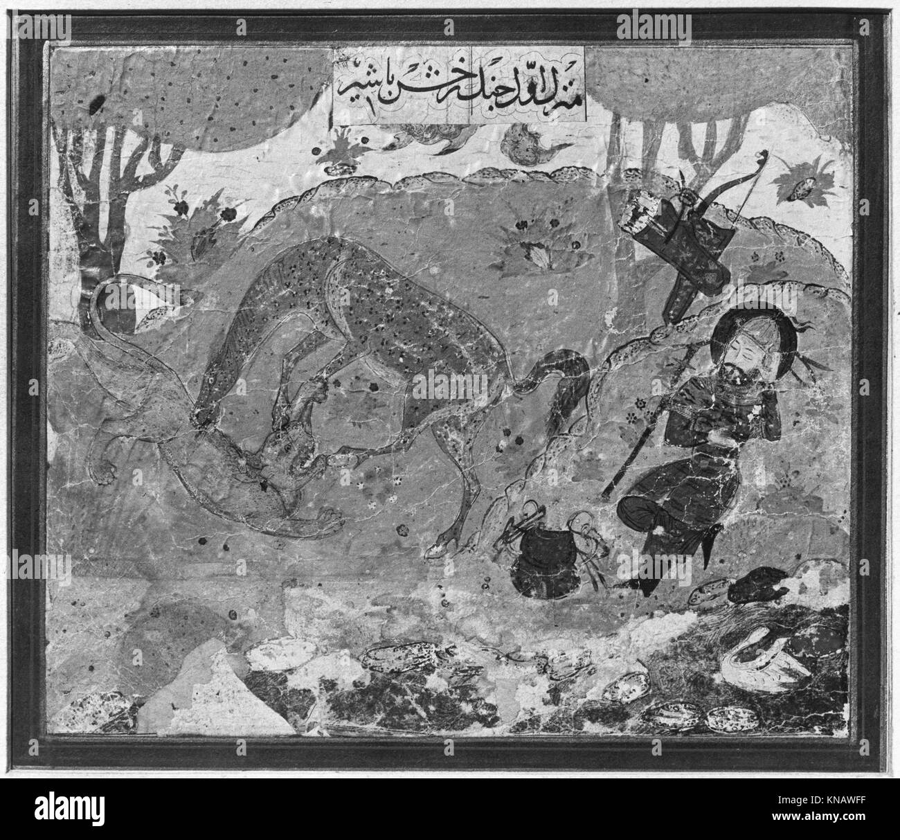 Rustam der erste Kurs - Rakhsh tötet ein Löwe, Folio aus einem shahnama (Buch der Könige) MET 47061 447305 Stockfoto