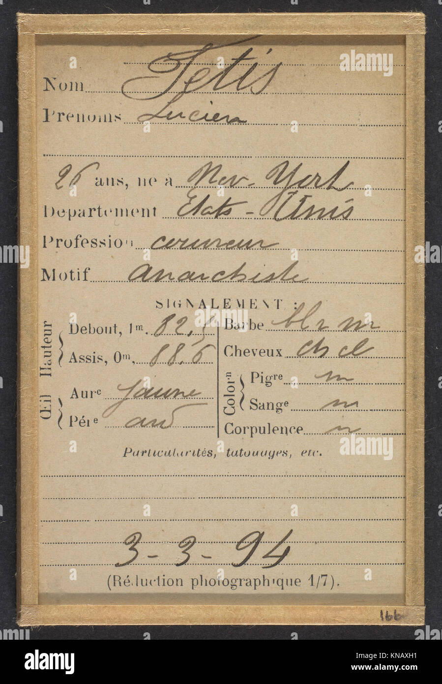 Porträt von Fétis Julien, einem 26-jährigen Anarchist aus New York, der seine Identität und Rolle in sozialen und politischen Bewegungen des späten 19. Jahrhunderts dokumentiert. Stockfoto