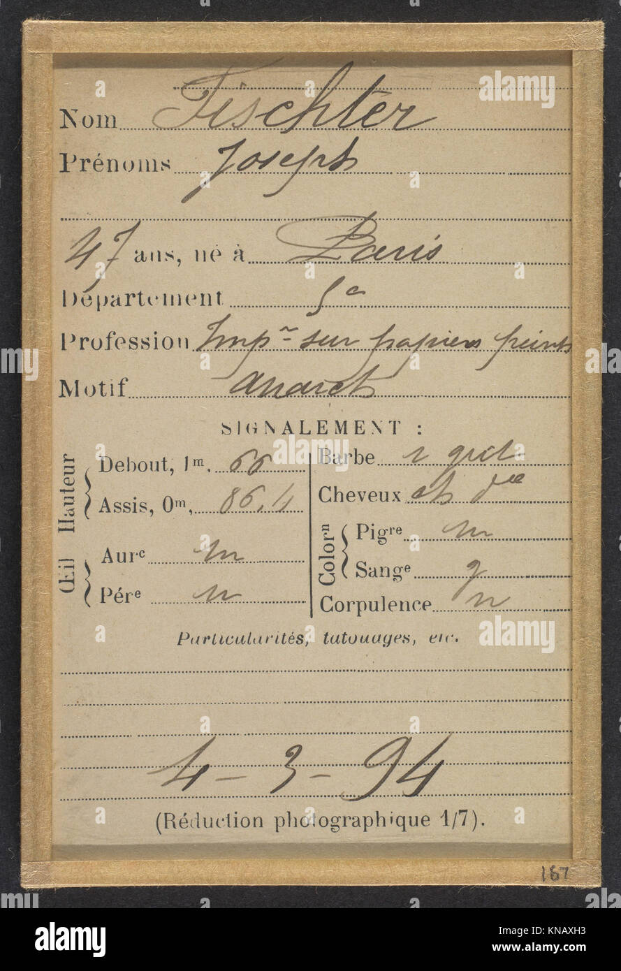 Porträt von Joseph Fischter, einem 47-jährigen Anarchisten und Tapetendrucker aus Paris, der seinen Beruf und seine politische Identität veranschaulicht. Stockfoto