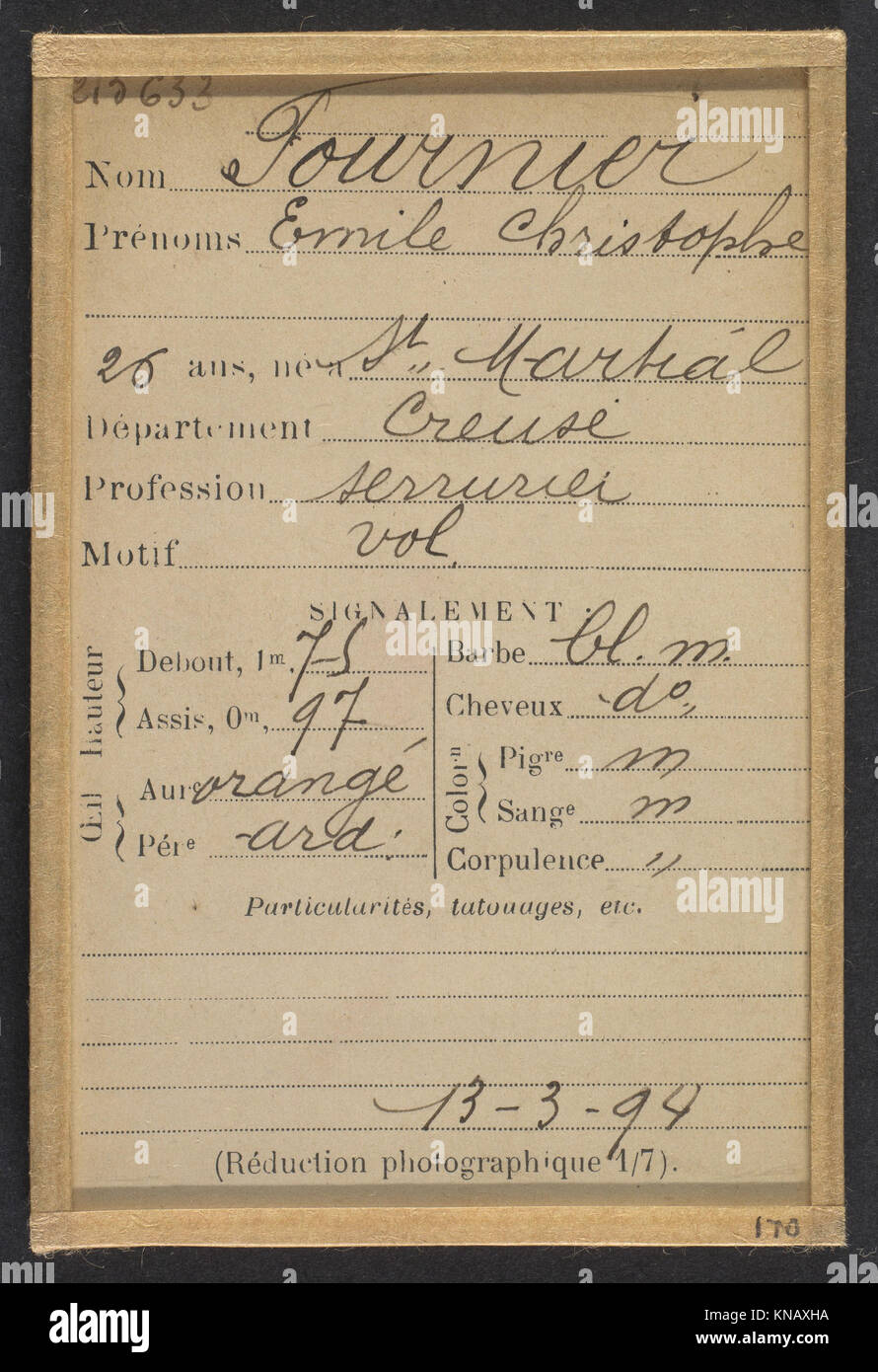 Dieses Porträt zeigt Christophe Fournier, einen 26-jährigen Schlosser aus St-Martial, Creuse, und zeigt eine Person aus Frankreich des späten 19. Jahrhunderts. Stockfoto