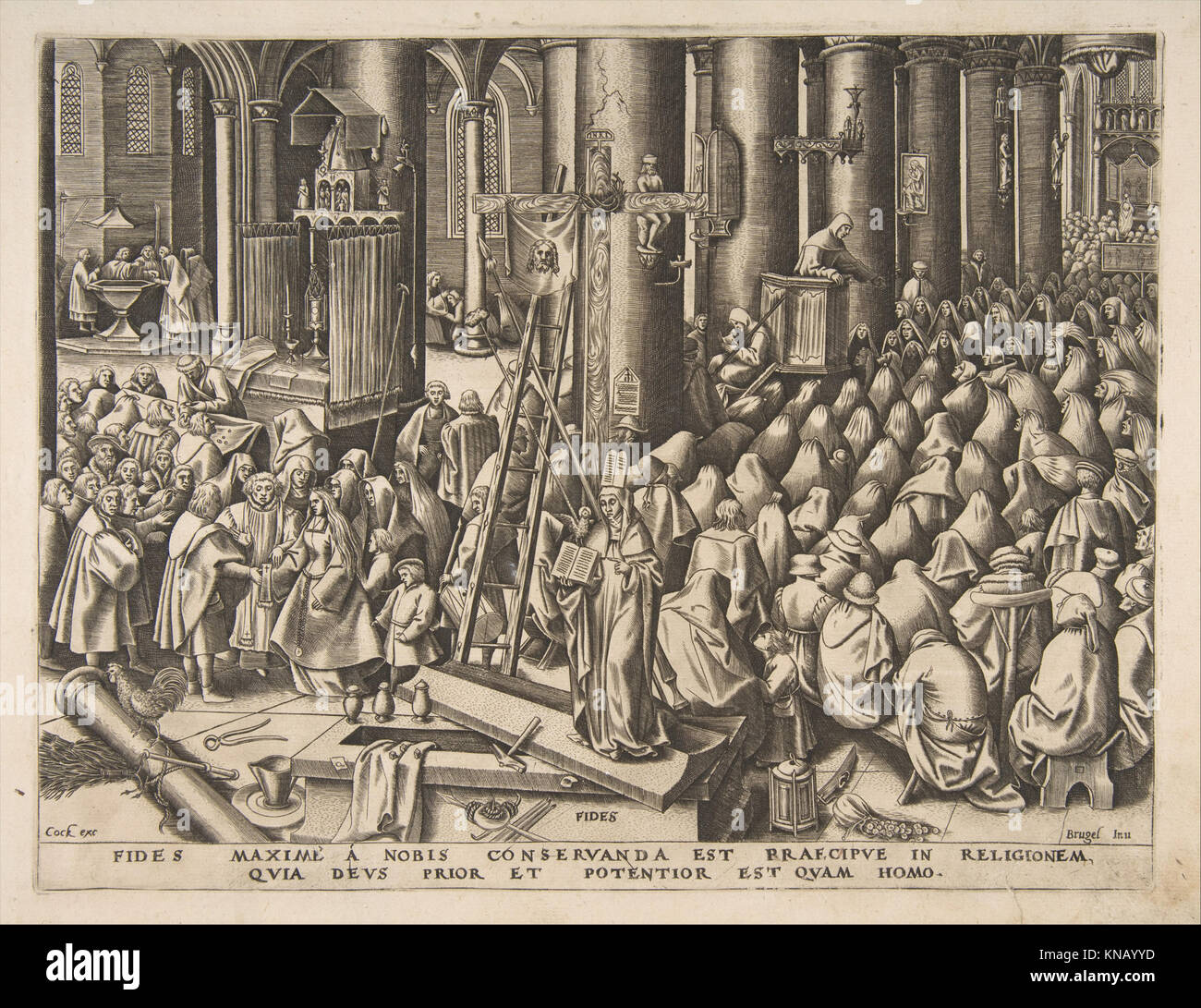 Der Gravur *Faith (Fides)* aus der Serie *The Virtues*, der Philips Galle nach Pieter Bruegel dem Älteren zugeschrieben wird, veranschaulicht die Personifizierung des Glaubens in einem detaillierten Design aus dem 16. Jahrhundert. Stockfoto