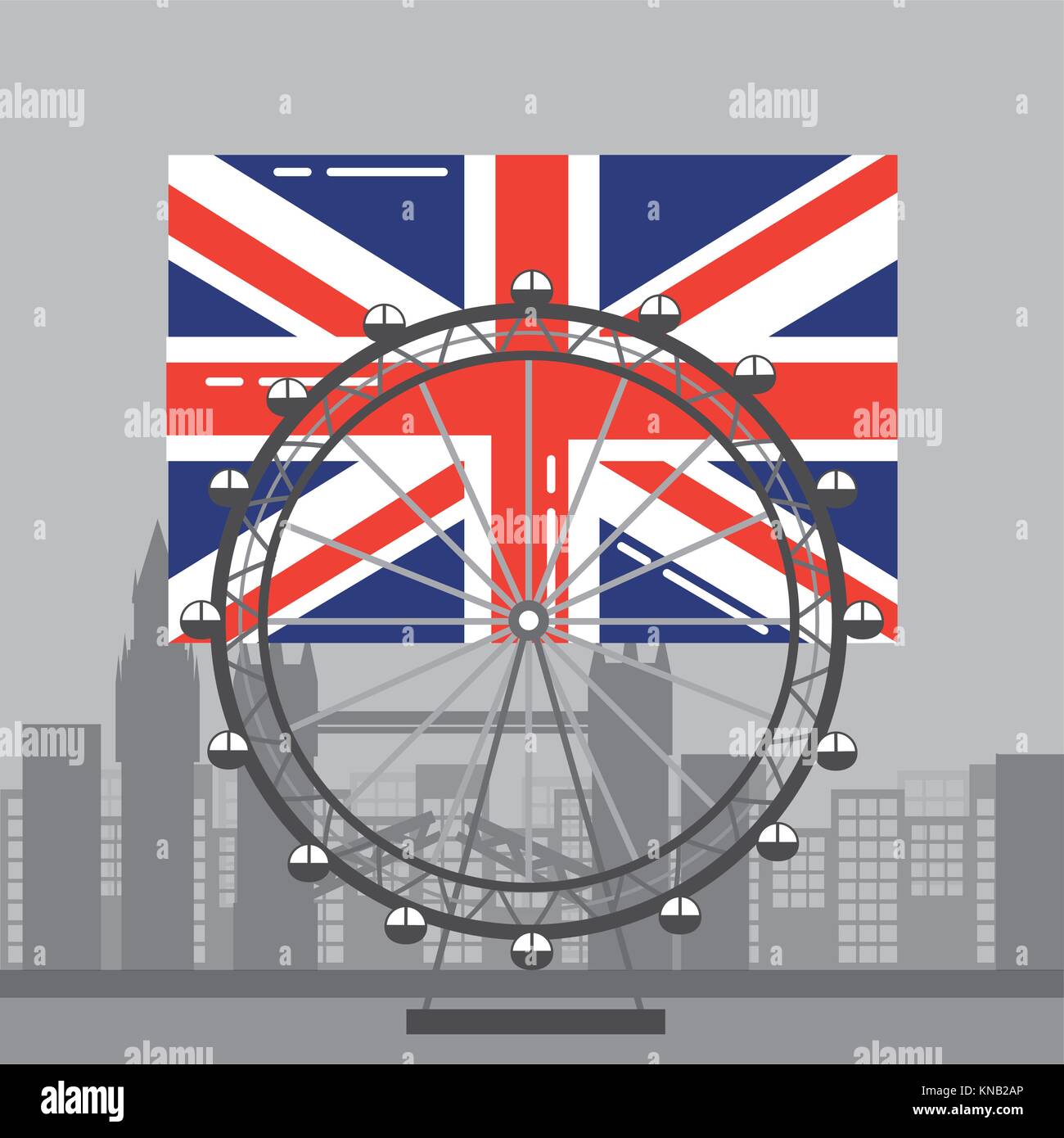 London Flagge britischen Riesenrad Freizeit Sehenswürdigkeiten und Gebäuden Stock Vektor