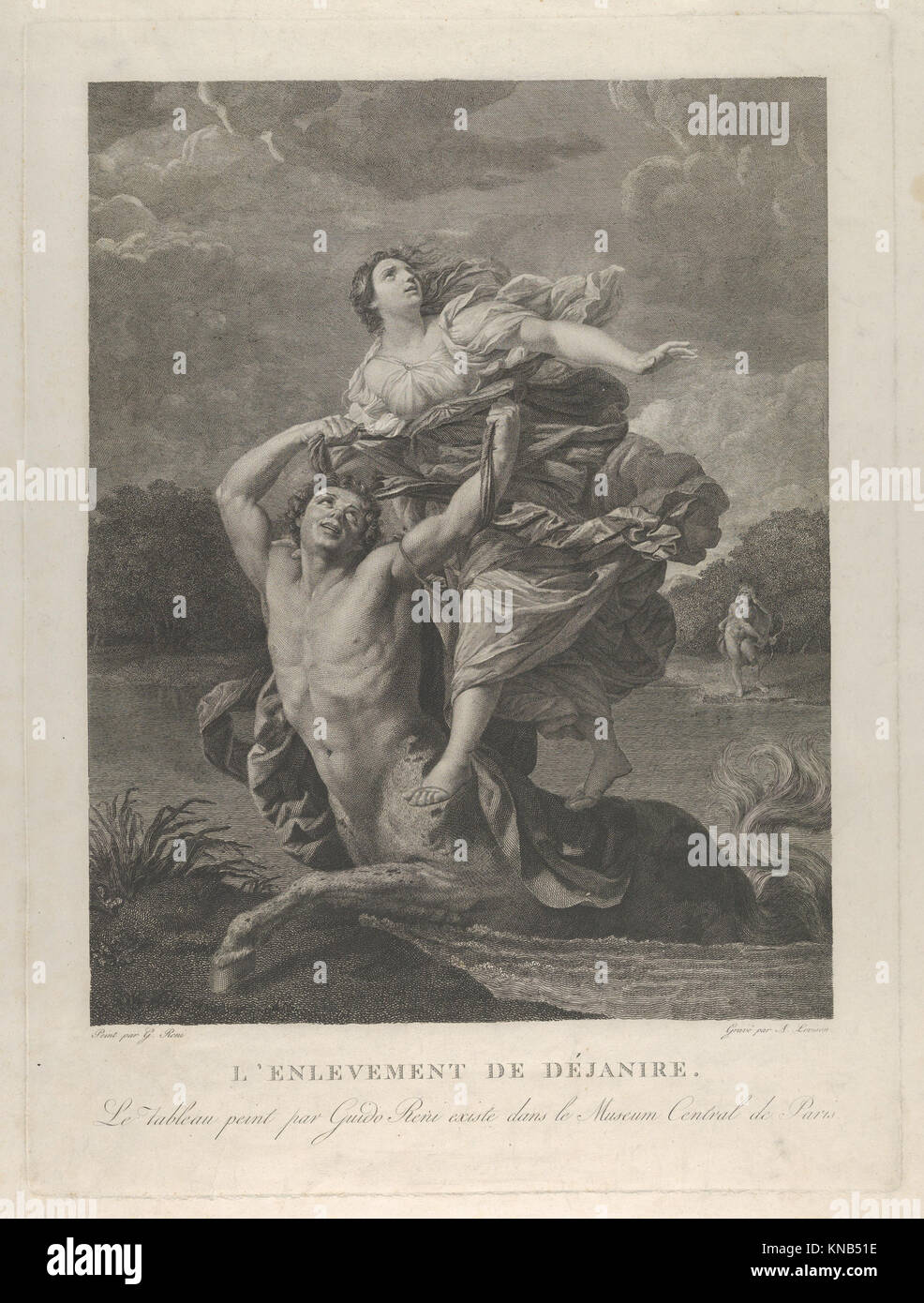 Dieses Kunstwerk zeigt Dejanira, die von Nessos mit einem bogenbewaffneten Mann entführt wurde, und veranschaulicht mythologische Erzählungen, Heldentum und klassische Darstellungen im Stil von Reni. Stockfoto