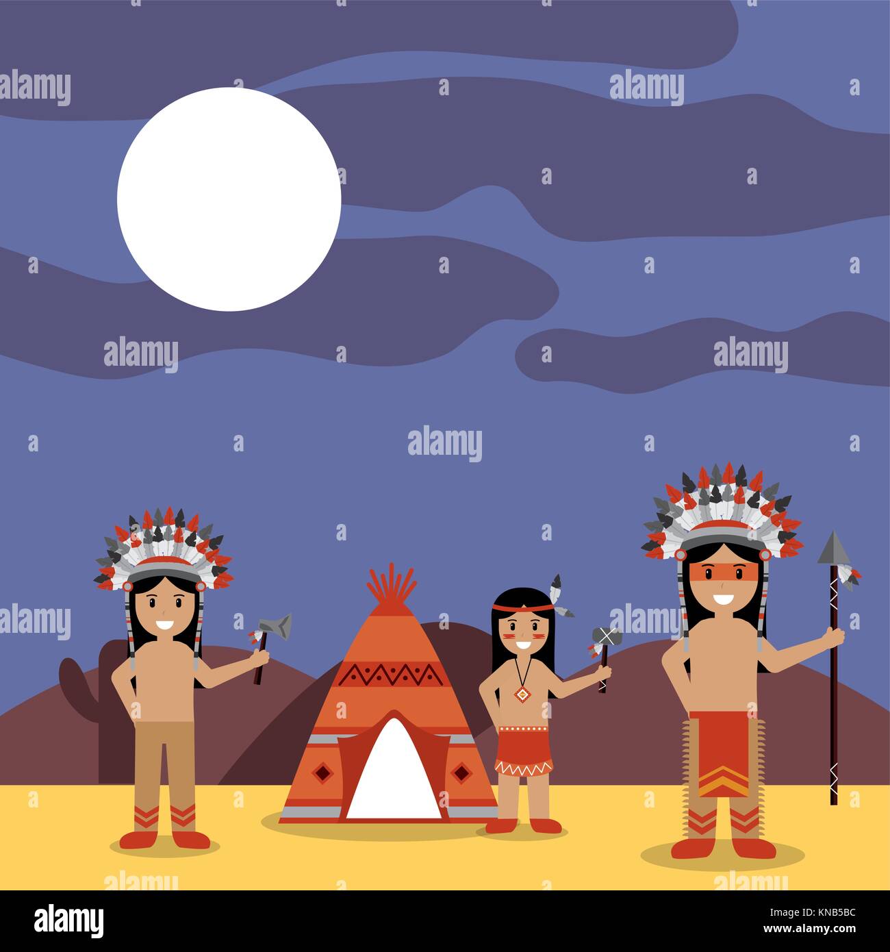 Native American Indians mit Tipi und Nacht Landschaft Stock Vektor