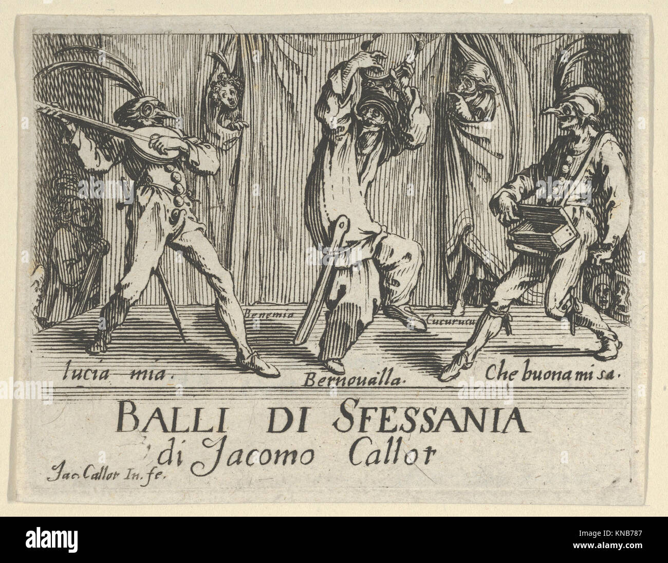 Die Vorderseite von Balli di Sfessania zeigt ein raffiniertes Design, das italienischen Tanz oder Theaterspiel anführt und barocke dekorative Einflüsse aus der Zeit zeigt. Stockfoto