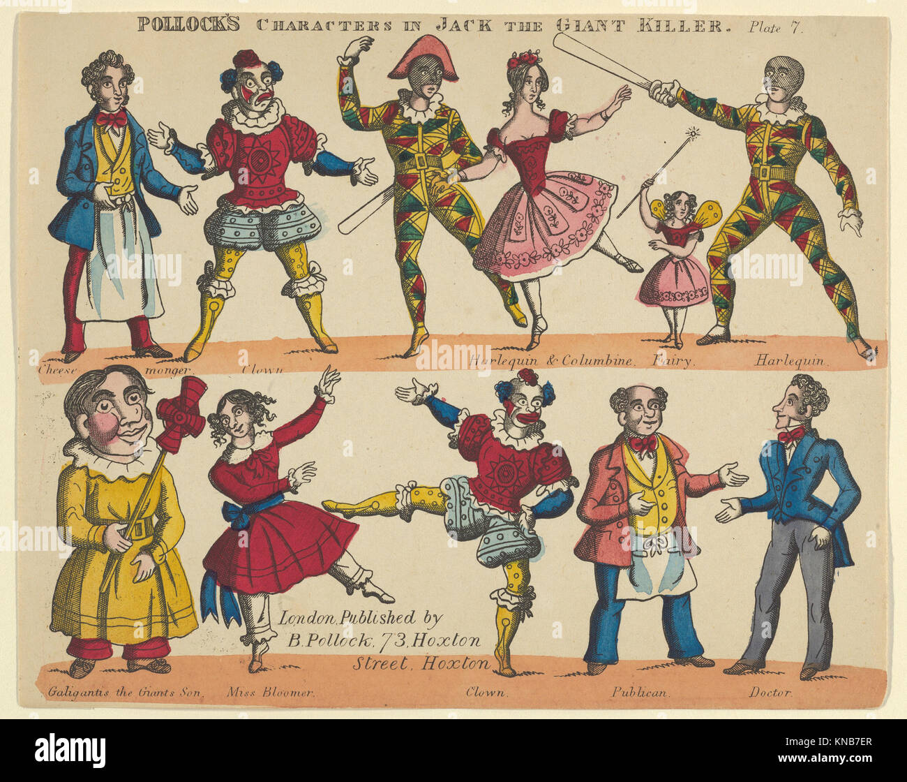 Platte 7 der Spielzeugserie „Jack and the Giant Killer“ mit Charakteren, Bühnendesign, Kostümen und Theaterelementen, die typisch für die Unterhaltung des 19. Jahrhunderts sind. Stockfoto