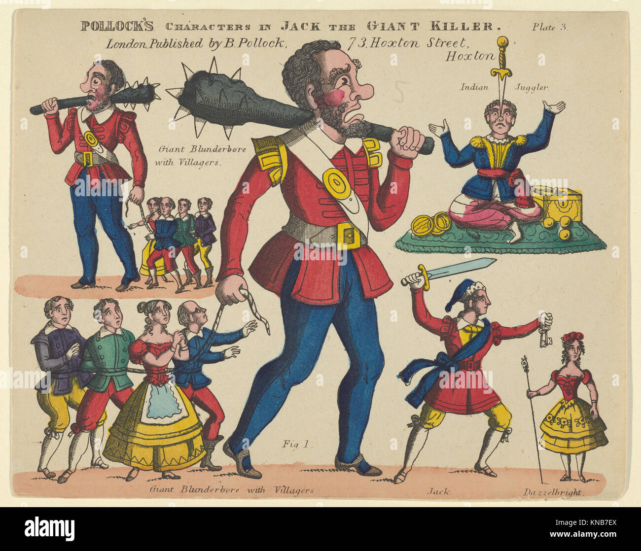 Spielzeugtheater Illustration von Jack und dem Riesenkiller mit Charakteren, Miniaturtheatrallszenen und künstlerischer Tradition aus dem 18. Bis 19. Jahrhundert. Stockfoto