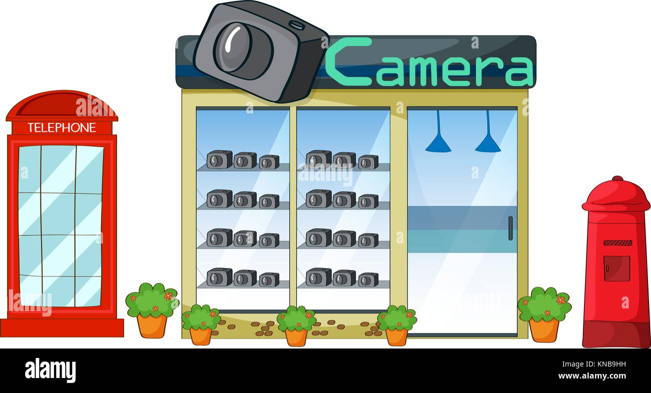 Abbildung: camerashop auf weißem Hintergrund Stock Vektor