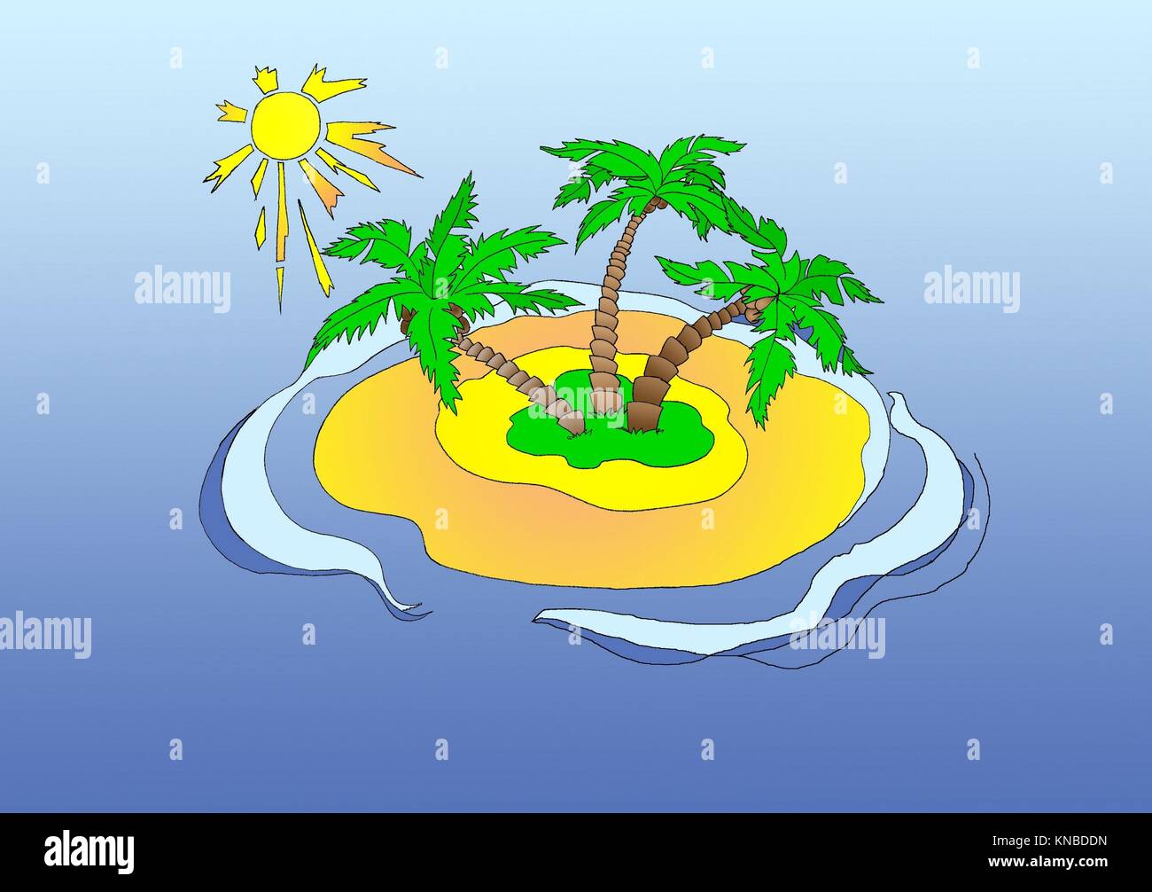 Sunny Funny Cartoon Insel in einem Meer. Digitale Malerei Hintergrund