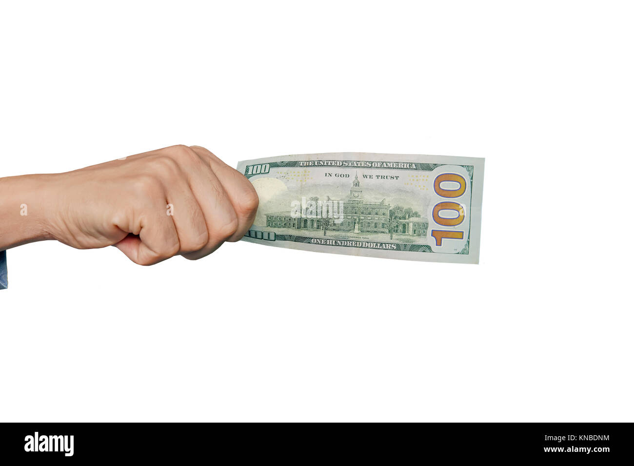 Dollar in der Hand eines Mannes auf einem weißen Hintergrund. 100 Amerikanischen Dollar in der Hand. Der Mann zieht seine Hand neuer Gesetzentwurf zerknittert. Stockfoto Dollar in der Hand eines Mannes auf einem weißen Hintergrund. 100 Amerikanischen Dollar in der Hand. Der Mann zieht seine Hand neuer Gesetzentwurf zerknittert. Stockfoto