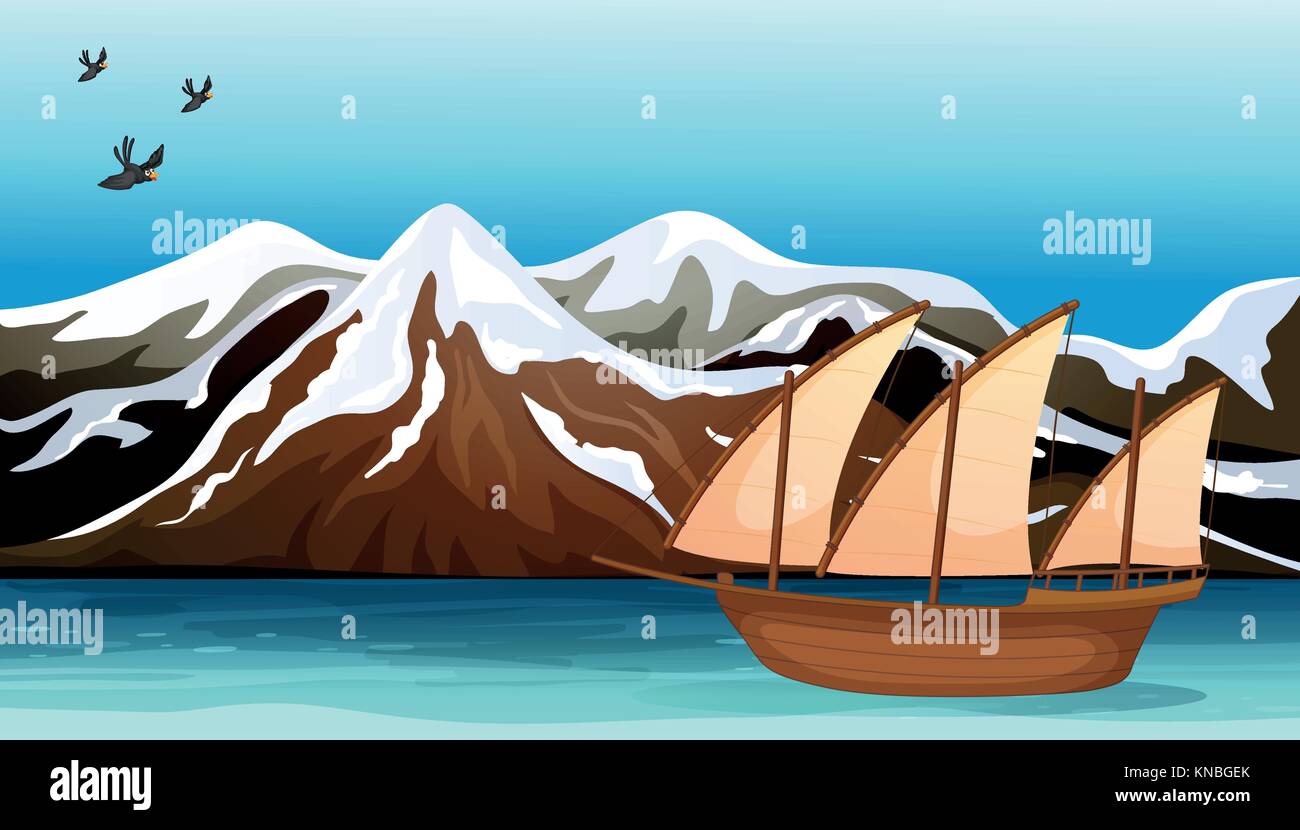 Abbildung: ein Boot schwimmend in der Nähe der Bergen mit Meer Vögel Stock Vektor