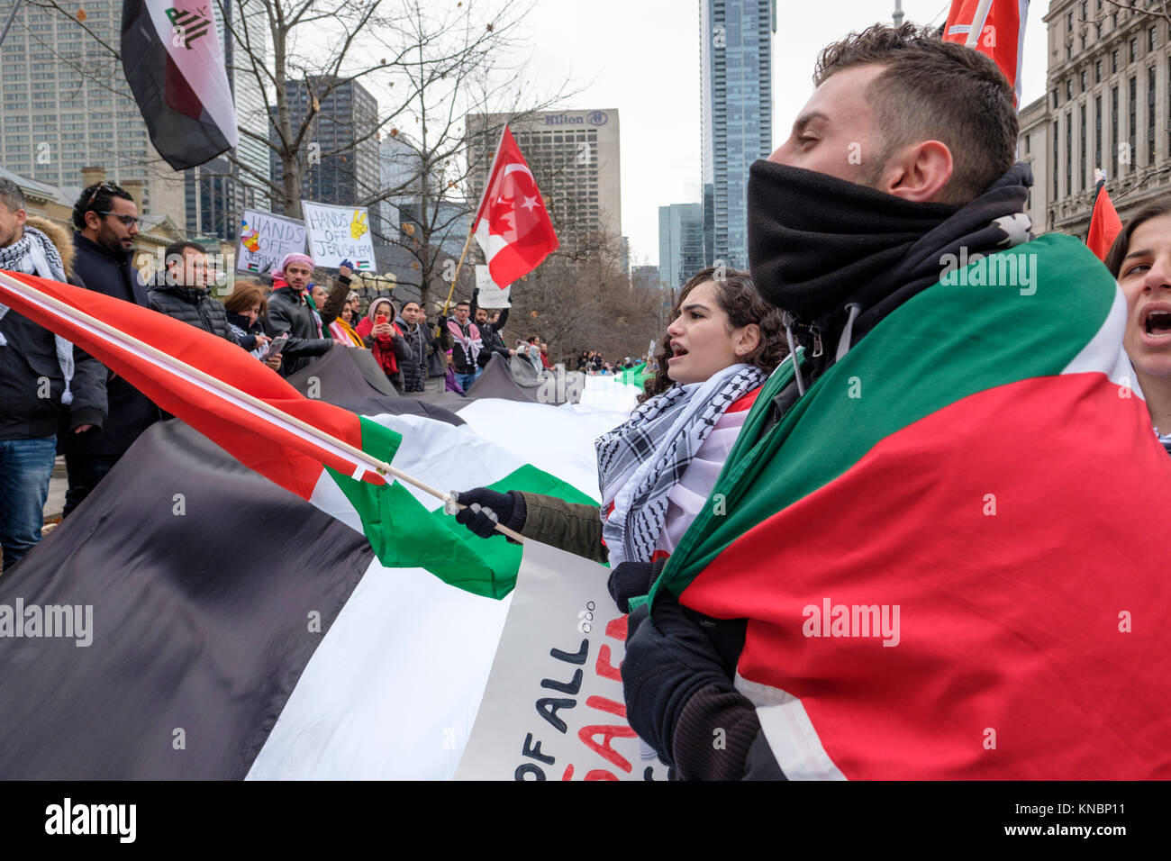 Palästinensische Demonstranten in Toronto, Kanada versammelt, gegen Präsident Donald Trump Entscheidung Jerusalem erkennen protestieren als Israels Hauptstadt. Stockfoto