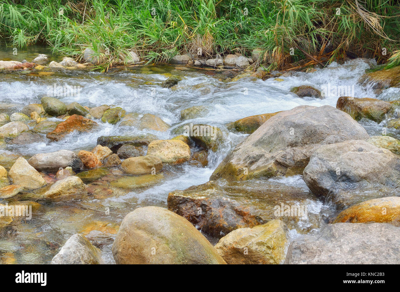 Mijares River. Kleine Stromschnellen in der nähe Thermalbad, bekannt als die Feder von Bädern, im Montanejos Dorf (Malaga, Spanien). Natürliche Szene Stockfoto