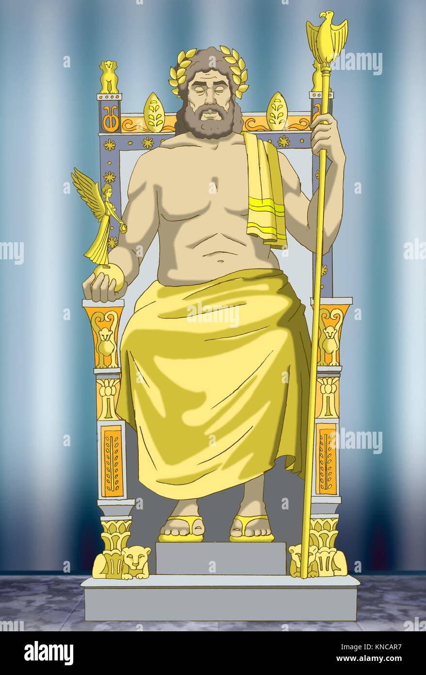 Statue des Zeus. Wunder der Welt. Digitale Malerei Hintergrund Illustration im Cartoon-Stil-Figur. Stockfoto