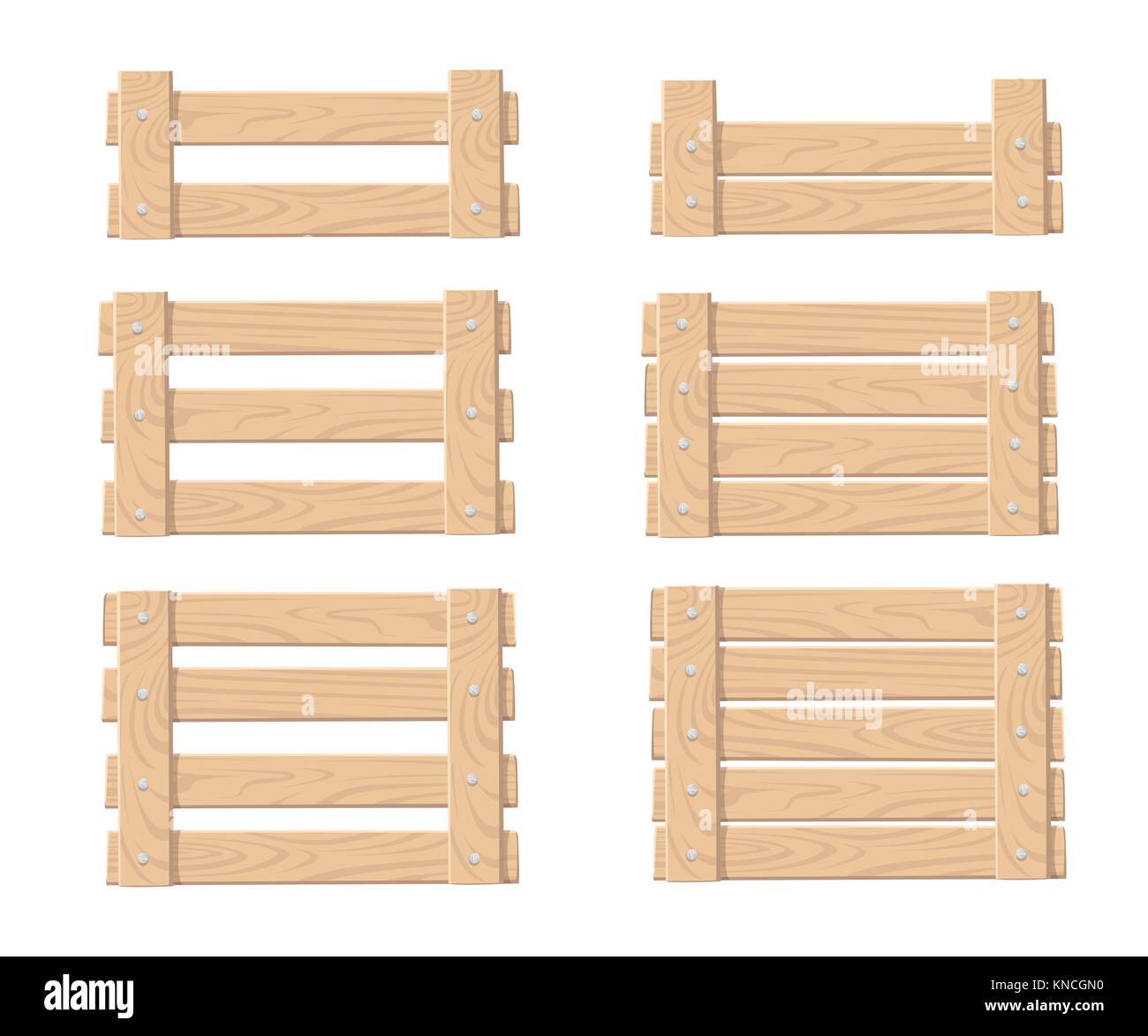 Satz von Holzkiste für Gemüse und Früchte essen Kisten Vorderansicht Vector Illustration auf weißem Hintergrund Webseite und mobile ap isoliert Stock Vektor