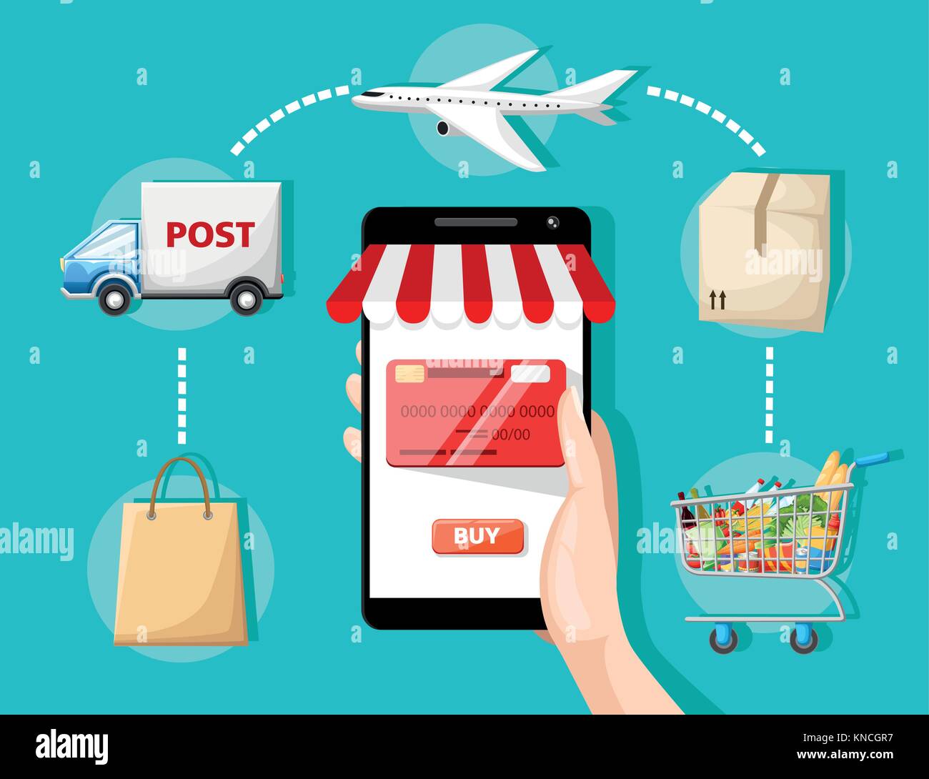 Flache vektor design mit e-Commerce und Online shopping Symbole und Elemente für mobile Geschichte Symbole der Shop online Zahlung Service und liefern Stock Vektor