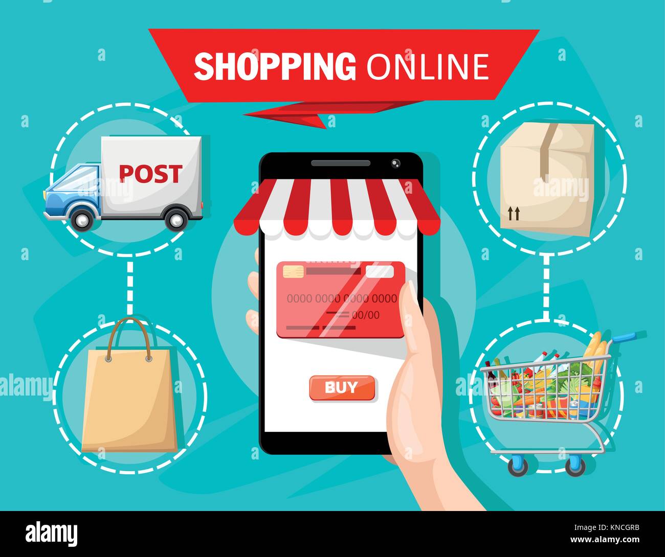 Flache vektor design mit e-Commerce und Online shopping Symbole und Elemente für mobile Geschichte Symbole der Shop online Zahlung Service und liefern Stock Vektor
