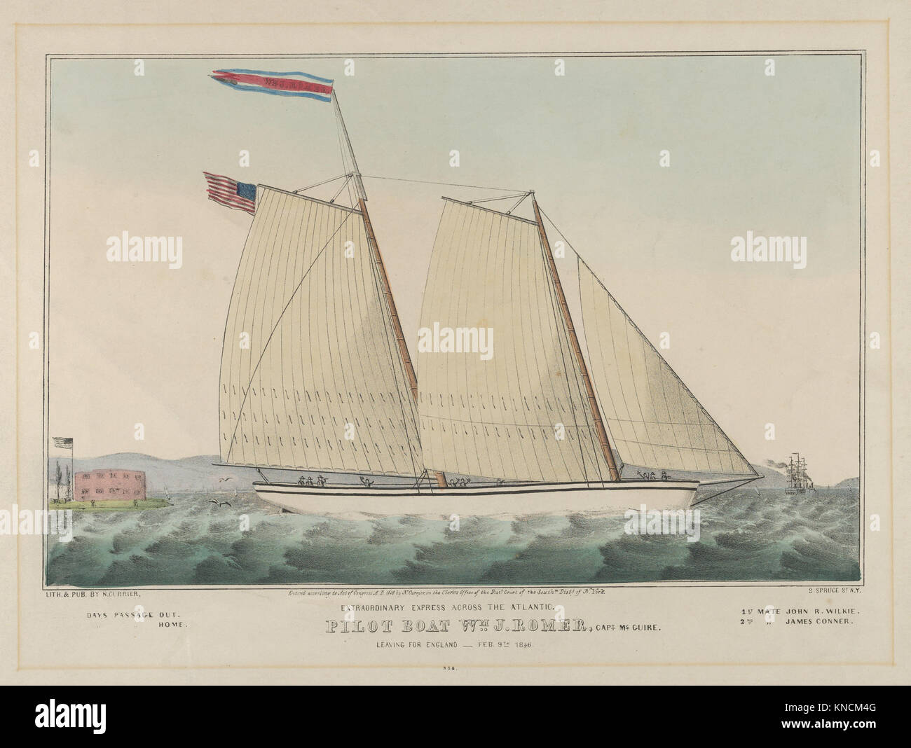 Außerordentliche Express über den Atlantik Lotsenboot William J. Romer, Kapitän McGuire, Verlassen für England Februar 9th, 1846 MET DP 853636 380849 Lithograph: Lithographierte und durch Nathaniel Currier, Amerikanische, Roxbury, Massachusetts 1813?1888 New York, außergewöhnliche Express über den Atlantik veröffentlicht? Lotsenboot William J. Romer, Kapitän McGuire, Verlassen für England Februar 9th, 1846, 1846, handkolorierte Lithographie, Bild: 8 1/4 x 12 11/16 in. (21 x 32,2 cm) Blatt: 13 7/16 x 18 1/16-in. (34,1 x 45,9 cm). Das Metropolitan Museum of Art, New York. Die Edward W. C. Arnold Sammlung neuer Stockfoto