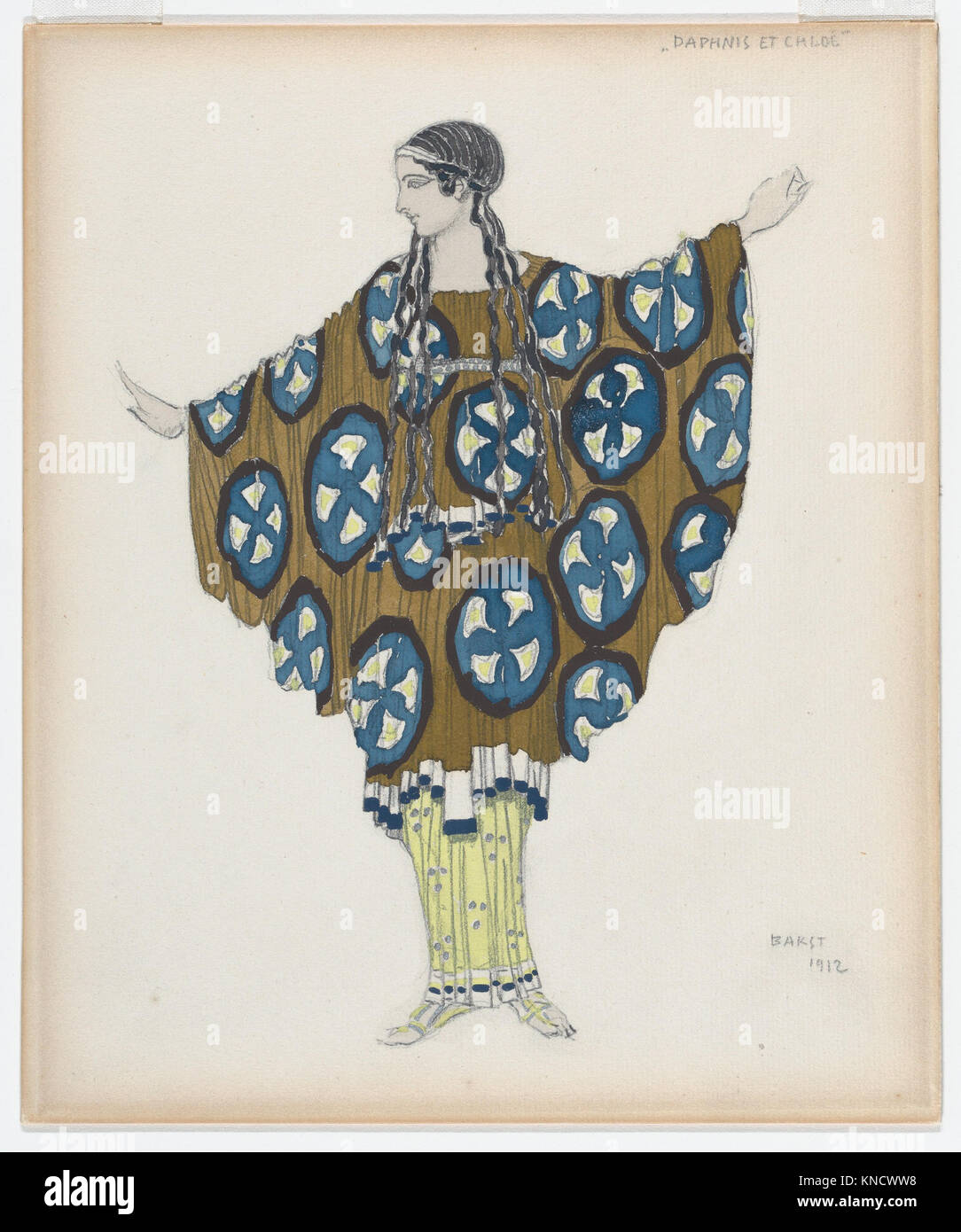 Dieses Kostümdesign für eine Dorffrau im Ballett „Daphnis und Chloé“ von 1912 spiegelt Theaterstil, Kostümkunst und kulturelle Themen des Paris des frühen 20. Jahrhunderts wider. Stockfoto