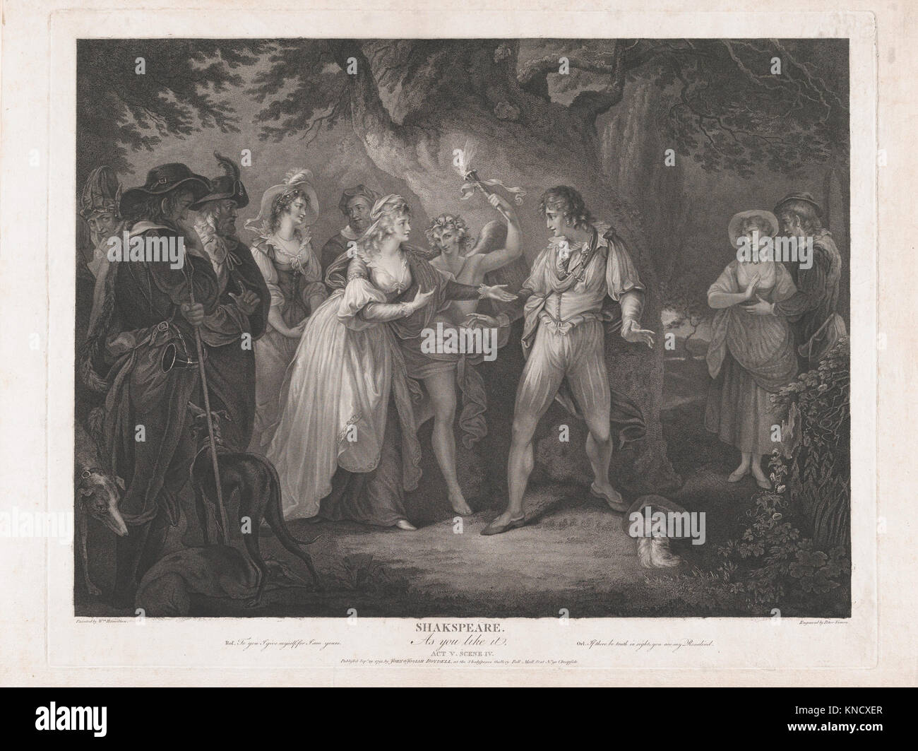 Dieses Kunstwerk zeigt Akt 5, Szene 4 von Shakespeares „As You Like IT“ und hebt Liebe, Verkleidung und Transformation in einer pastoralen Umgebung hervor. Stockfoto