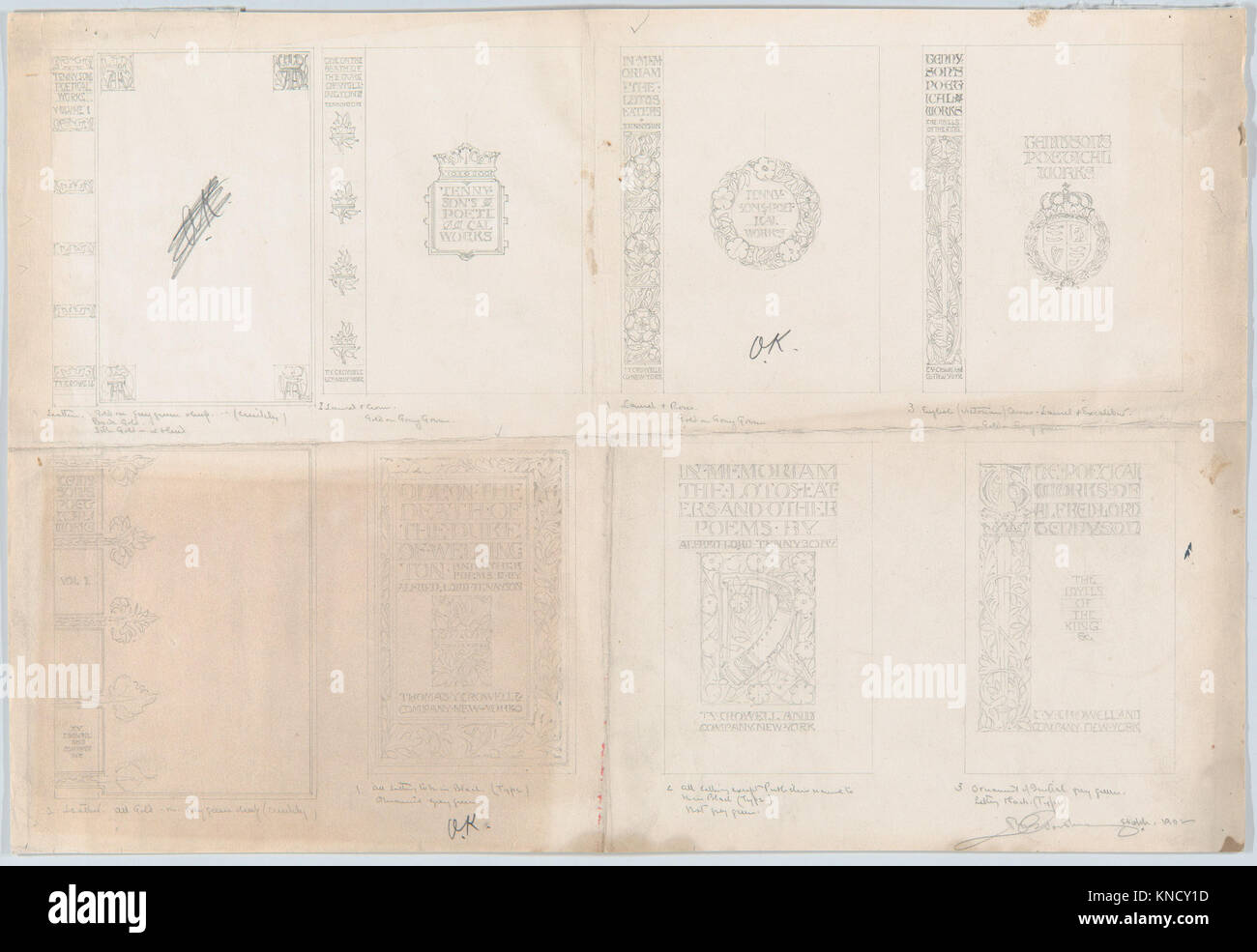 Die Cover-Entwürfe für Tennysons Gedichte, veröffentlicht von Thomas Y. Crowell, spiegeln den künstlerischen Stil und die Designpräferenzen der Epoche wider und heben Elemente aus den Gedichten und literarischen Themen hervor. Stockfoto