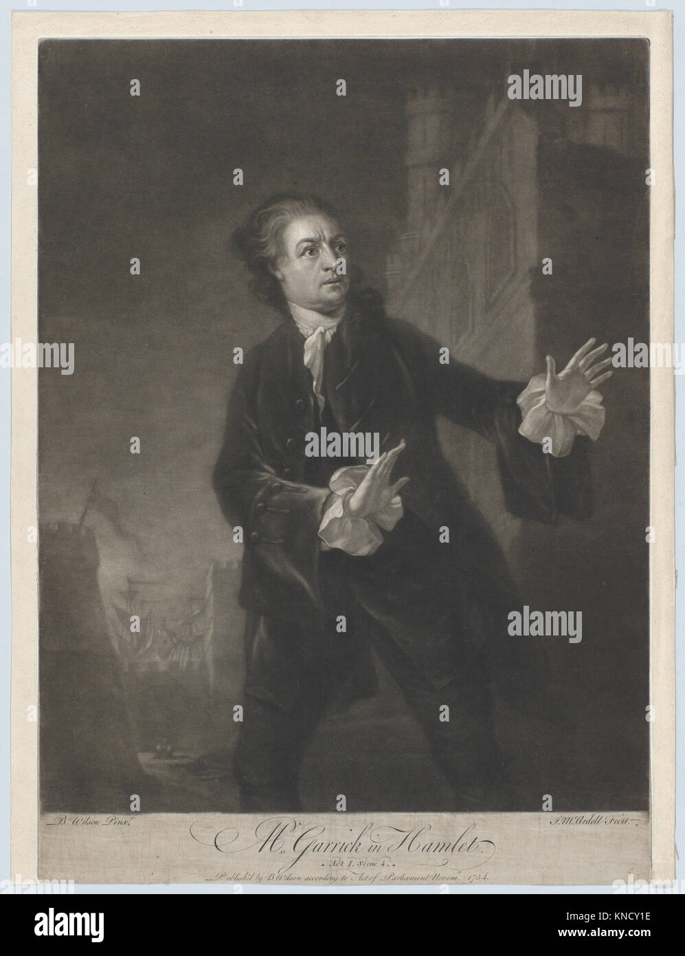 Diese Darstellung von David Garrick, der das Soliloquy aus Akt 1, Szene 4 von Shakespeares Hamlet spielt, betont Theateraufführung, emotionale Intensität und dramatische Interpretation. Stockfoto