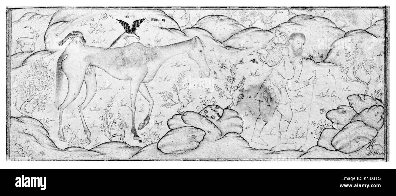 Dieses Gemälde zeigt ein ausgemergeltes Pferd mit seinem Meister, das Tierzustand, Mensch-Tier-Beziehungen und emotionalen Ausdruck veranschaulicht. Stockfoto