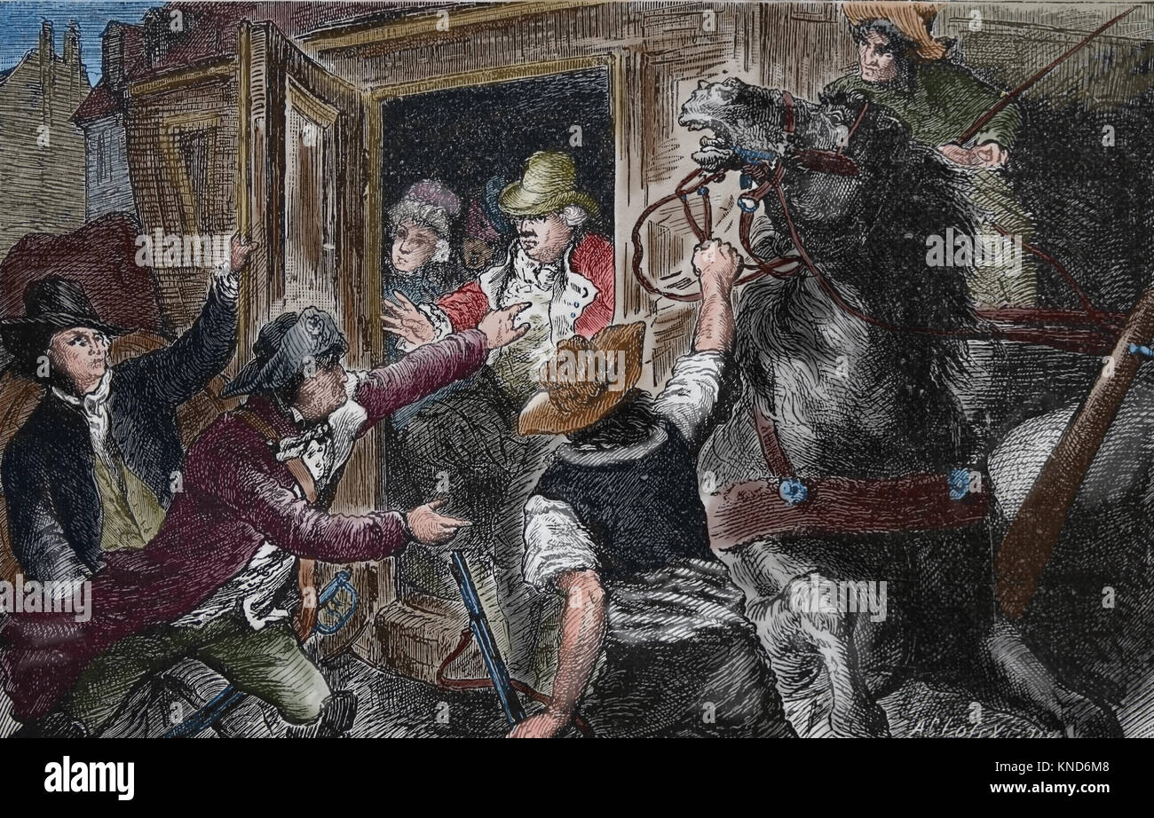 Französische Revolution/1789-1799). Festnahme von König Louis XVI (1754-1793) und seiner Familie in Varennes, Juni 1791. Gravur. Gefärbt. Stockfoto