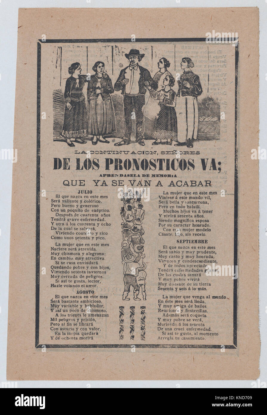 Prospekt mit monatlichen Horoskope; eine Gruppe von Frauen, die einen Mann und eine Masse von Menschen erhöhen ihre Arme MET DP 868517 736830 Artist: Jos? Guadalupe Posada, Mexikanische, 1851?1913, Herausgeber: Antonio Vanegas Arroyo, 1850?1917, Mexikanische, Handzettel mit monatlichen Horoskope; eine Gruppe von Frauen, die einen Mann und eine Masse von Menschen, ihre Arme sich heben, 1903, Foto - Entlastung und Buchdruck auf tan-Papier, Blatt: 11 15/16? 7 15/16 in. (30.3? 20,2 cm). Das Metropolitan Museum of Art, New York. Der Elisa Whittelsey Sammlung, die Elisa Whittelsey Fund, 1946 (46.46.121) Stockfoto