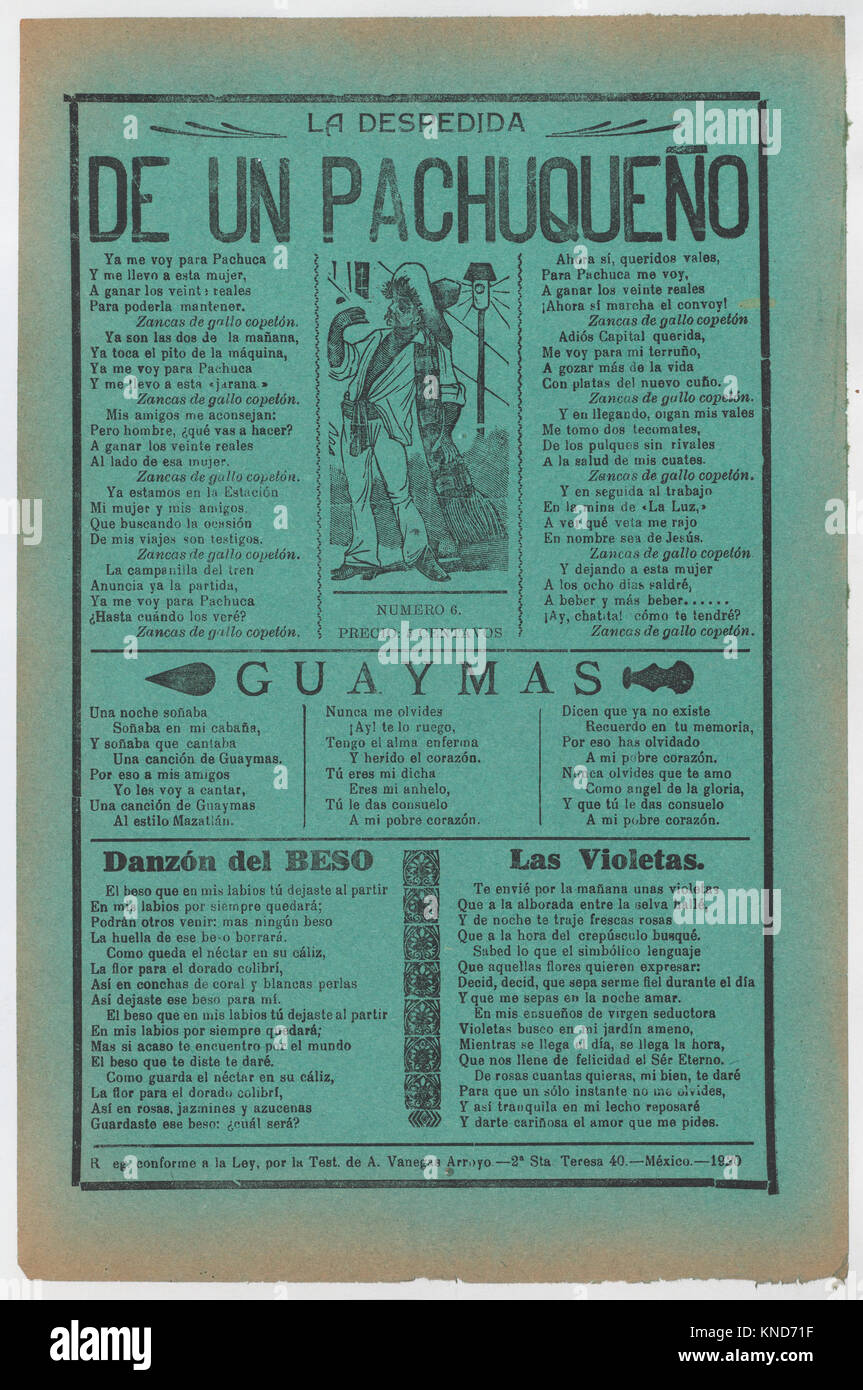 Prospekt mit Liebesliedern, Mann, der eine sarape auf der Straße stand MET DP 868554 737875 Artist: Jos? Guadalupe Posada, Mexikanische, 1851?1913, Herausgeber: Antonio Vanegas Arroyo, 1850?1917, Mexikanische, Handzettel mit Liebesliedern, Mann, der eine sarape auf der Straße stand, Ca. 1920 (veröffentlicht), Foto- und Buchdruck auf grünem Papier, Blatt: 11 13/16? 7 7/8 in. (30? 20 cm). Das Metropolitan Museum of Art, New York. Der Elisa Whittelsey Sammlung, die Elisa Whittelsey Fund, 1946 (46.46.204) Stockfoto