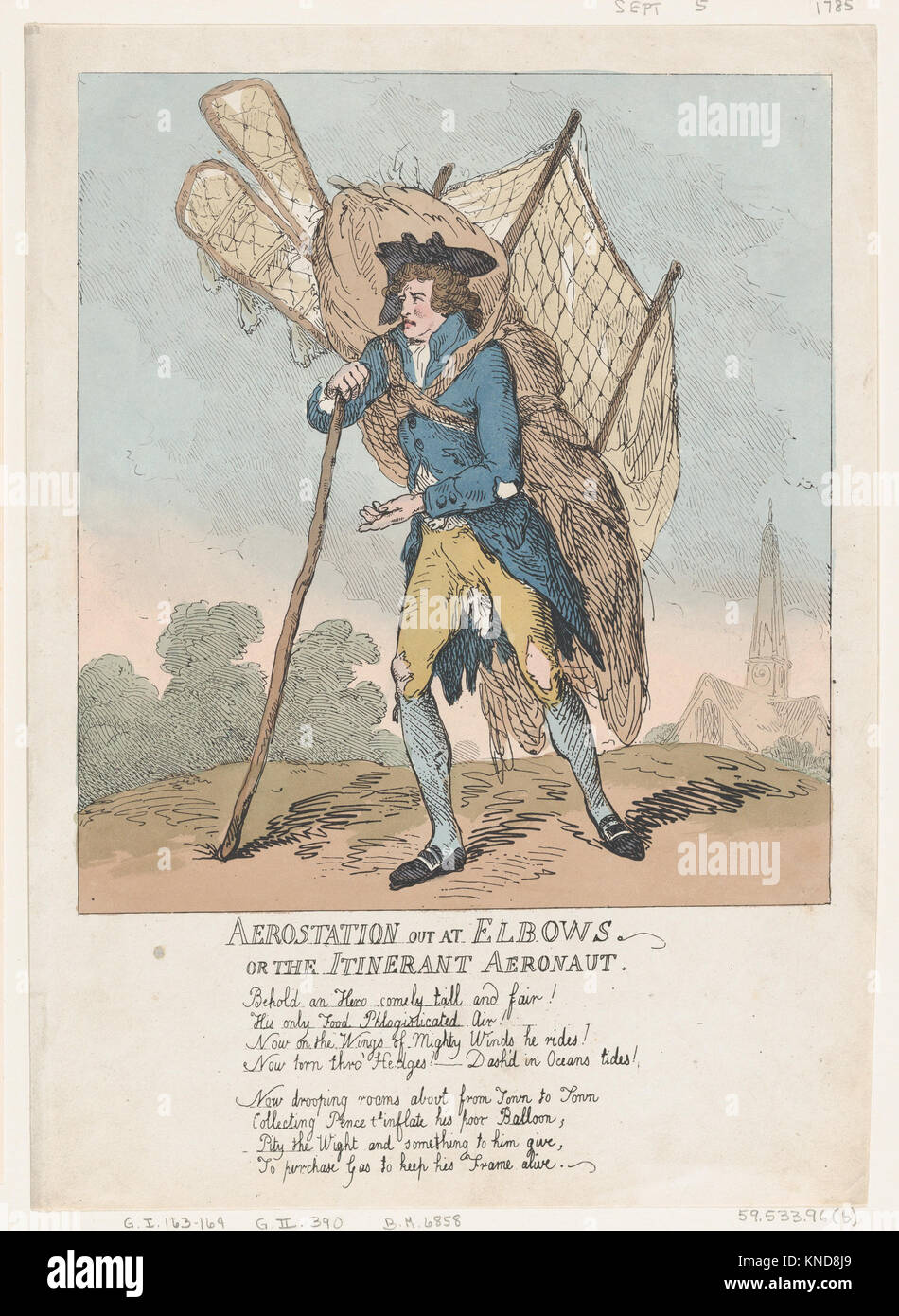 Aerostation an Ellbogen, oder die ambulante Aeronaut MET DP 871834 736773 Künstler: Thomas Rowlandson, Britischen, London 1757? 1827 London, Herausgeber: Samuel William Fores, Britischen, 1761?1838, Betreff: Vincent Lunardi, Italienisch, Lucca 1759?1806, Aerostation an Ellbogen, oder die Aeronauten, September 5, 1785, Radierung, Blatt: 12 1/16? 8 5/16 in. (30.6? 21,1 cm). Das Metropolitan Museum of Art, New York. Der Elisa Whittelsey Sammlung, die Elisa Whittelsey Fund, 1959 (59.533.96 (b)) Stockfoto