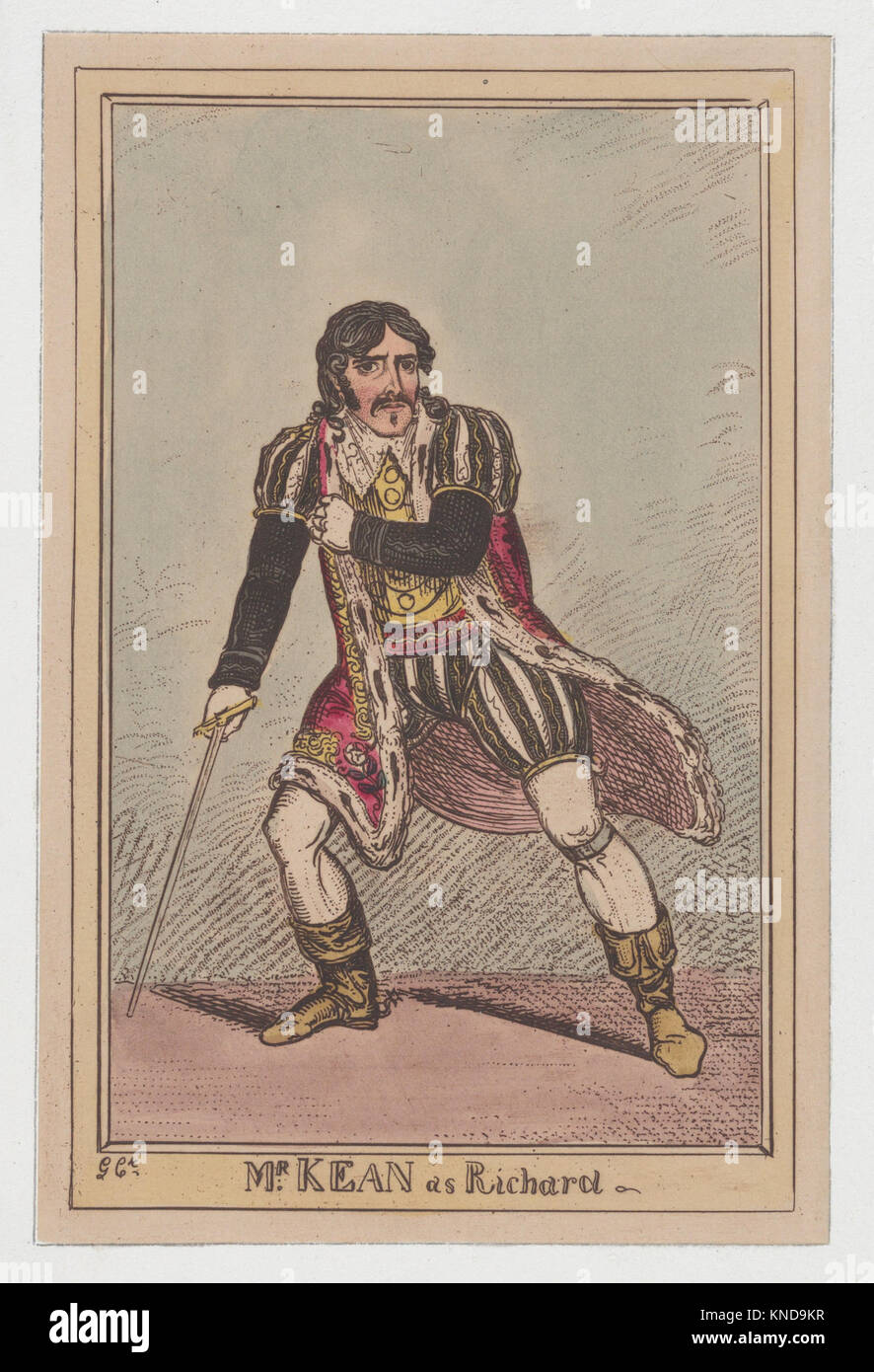 Dieses Porträt von Edmund Kean als Richard III. Zeigt den Schauspieler im Kostüm, der die Shakespeare-Figur darstellt, und veranschaulicht seine dramatische Performance und seinen Beitrag zum Theater des 19. Jahrhunderts. Stockfoto