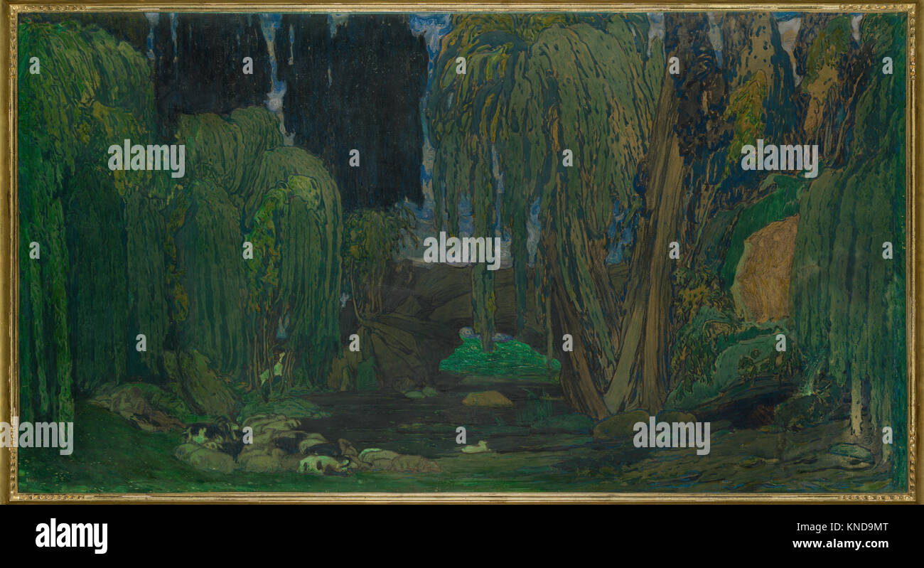 Dieses Design für das Ballett „Narcisse“ (1911, Théâtre de Monte Carlo) veranschaulicht das Bühnenbild, die Kostüme und die Bühnenführung und spiegelt die künstlerische und historische Bedeutung der Inszenierung wider. Stockfoto