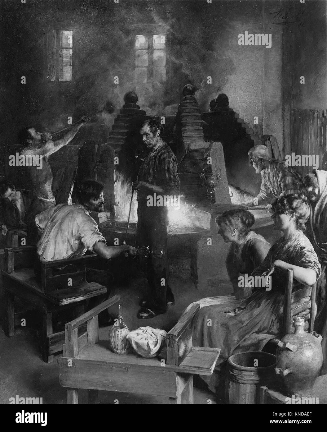 Das Kunstwerk zeigt Glasbläser aus Murano bei der Arbeit und demonstriert traditionelle Techniken und Handwerkskunst bei der Herstellung von feinem Glas in Italien. Stockfoto