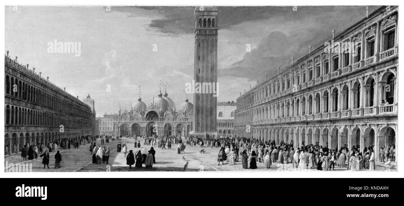 Diese Abbildung zeigt den Markusplatz in Venedig und zeigt historische Ansichten des Platzes und seiner architektonischen Merkmale, die als visuelle Referenz für kulturelle und historische Studien erhalten wurden. Stockfoto