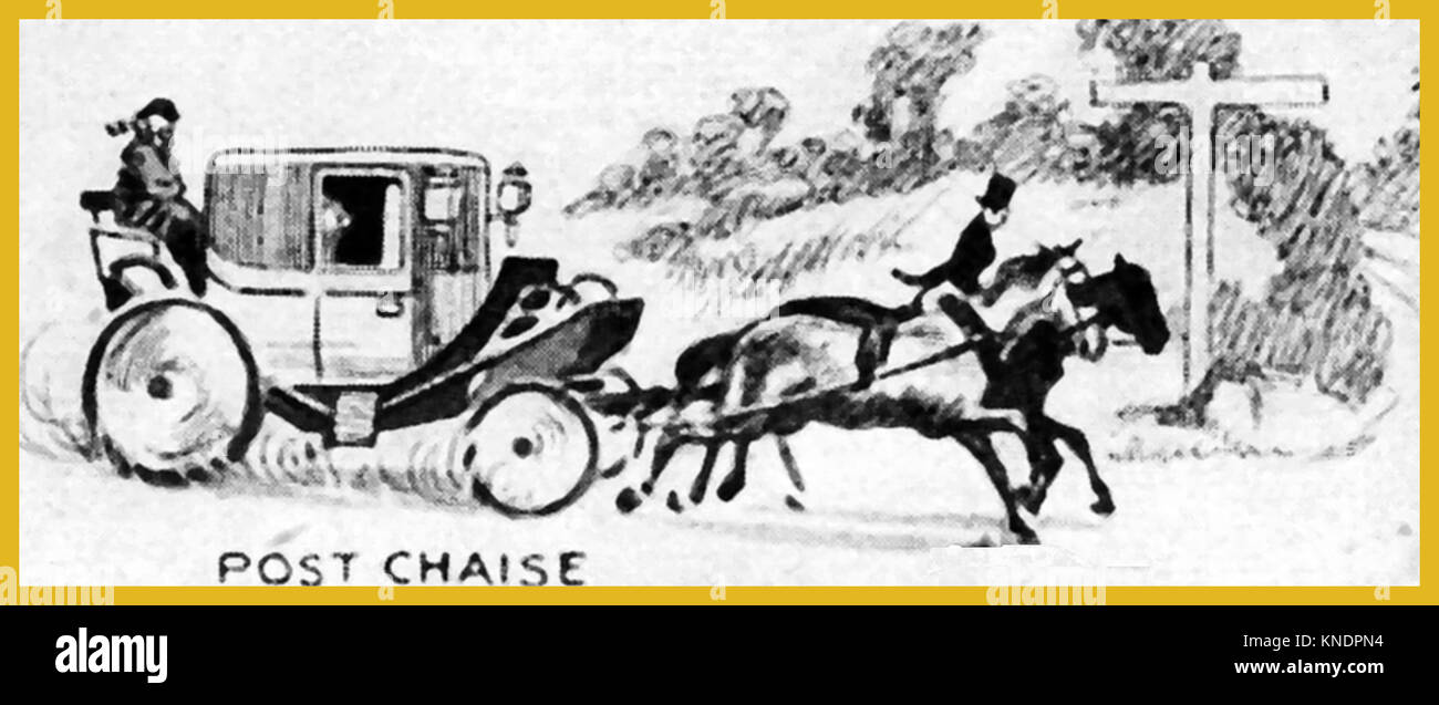 Pferdekutschen- Transport - 1940 Abbildung: Eine schnelle Viktorianischen Post Chaiselongue Schlitten mit Postillion Fahrer vorne Stockfoto