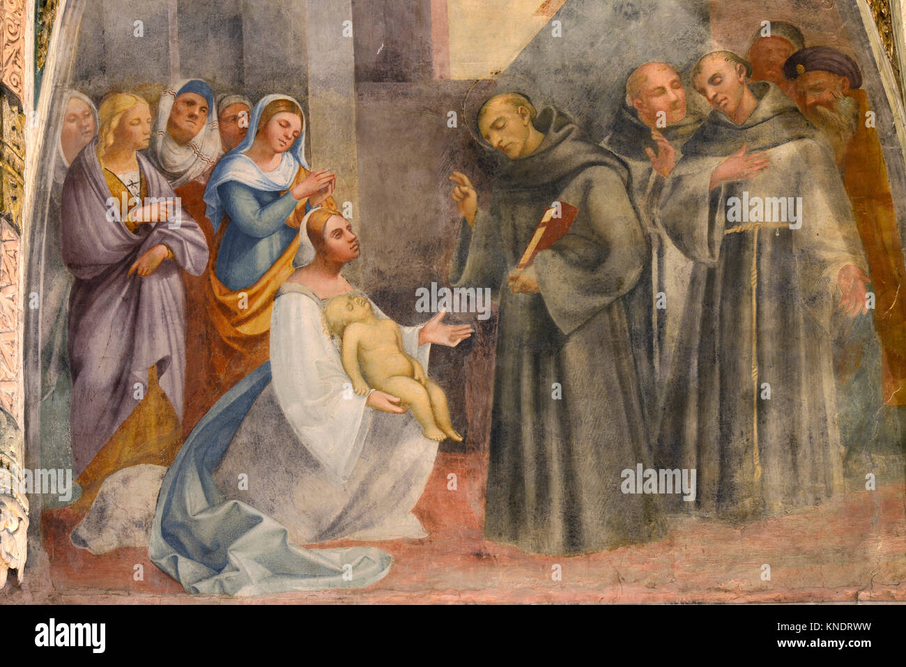 Italien Friaul San Daniele del Friuli Kirche S. Antonio Abate. Zyklus von Fresken aus dem 15. Jahrhundert von Pellegrino da San Daniele. Rechte Wand des Presbyteriums: Wunder des ertrunkenen Kindes | Italien S. Daniel des Friaul Kirche Stockfoto