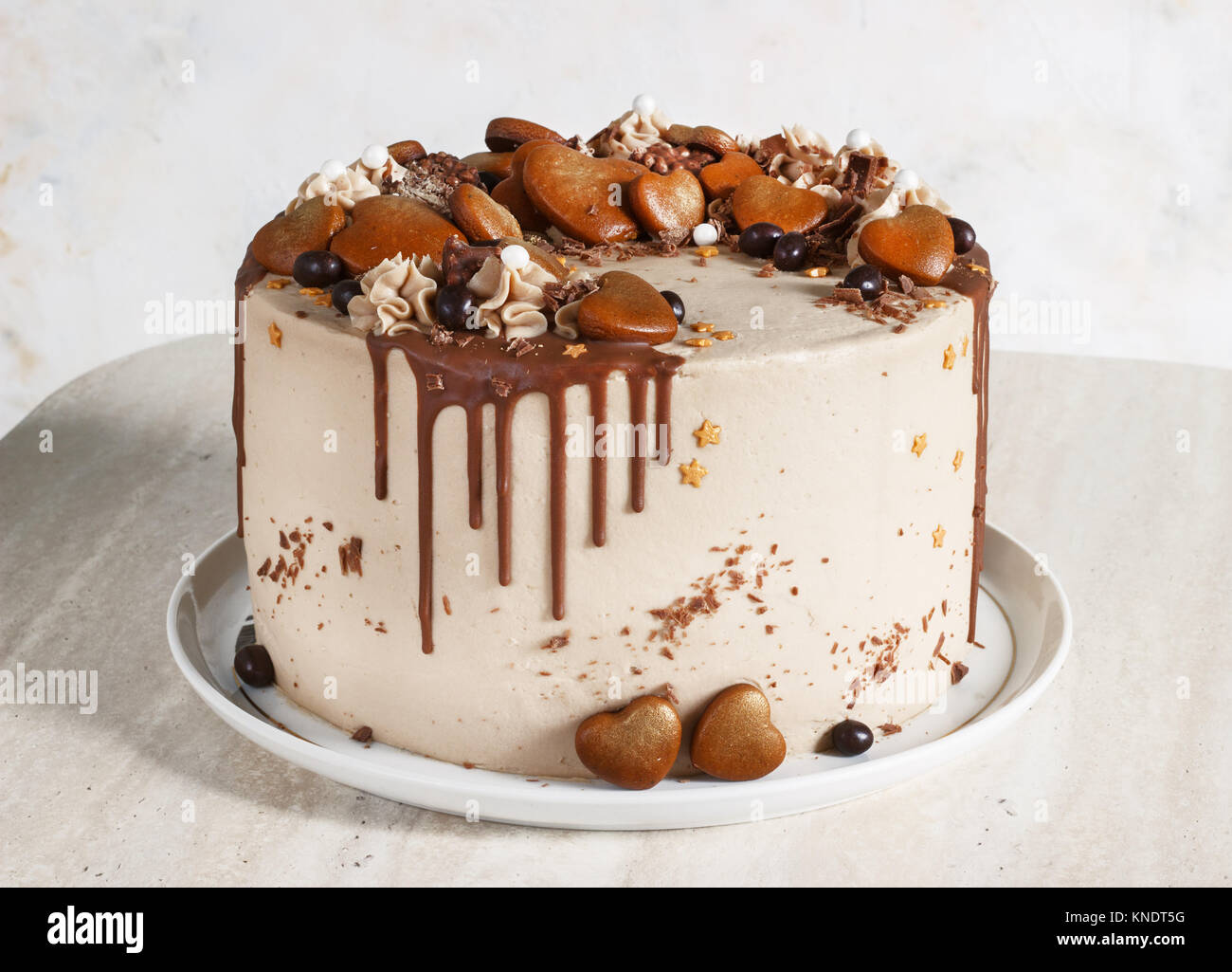 Schokoladenkuchen mit Fudge beträufelt Vereisung und Locken und Lebkuchen Stockfoto