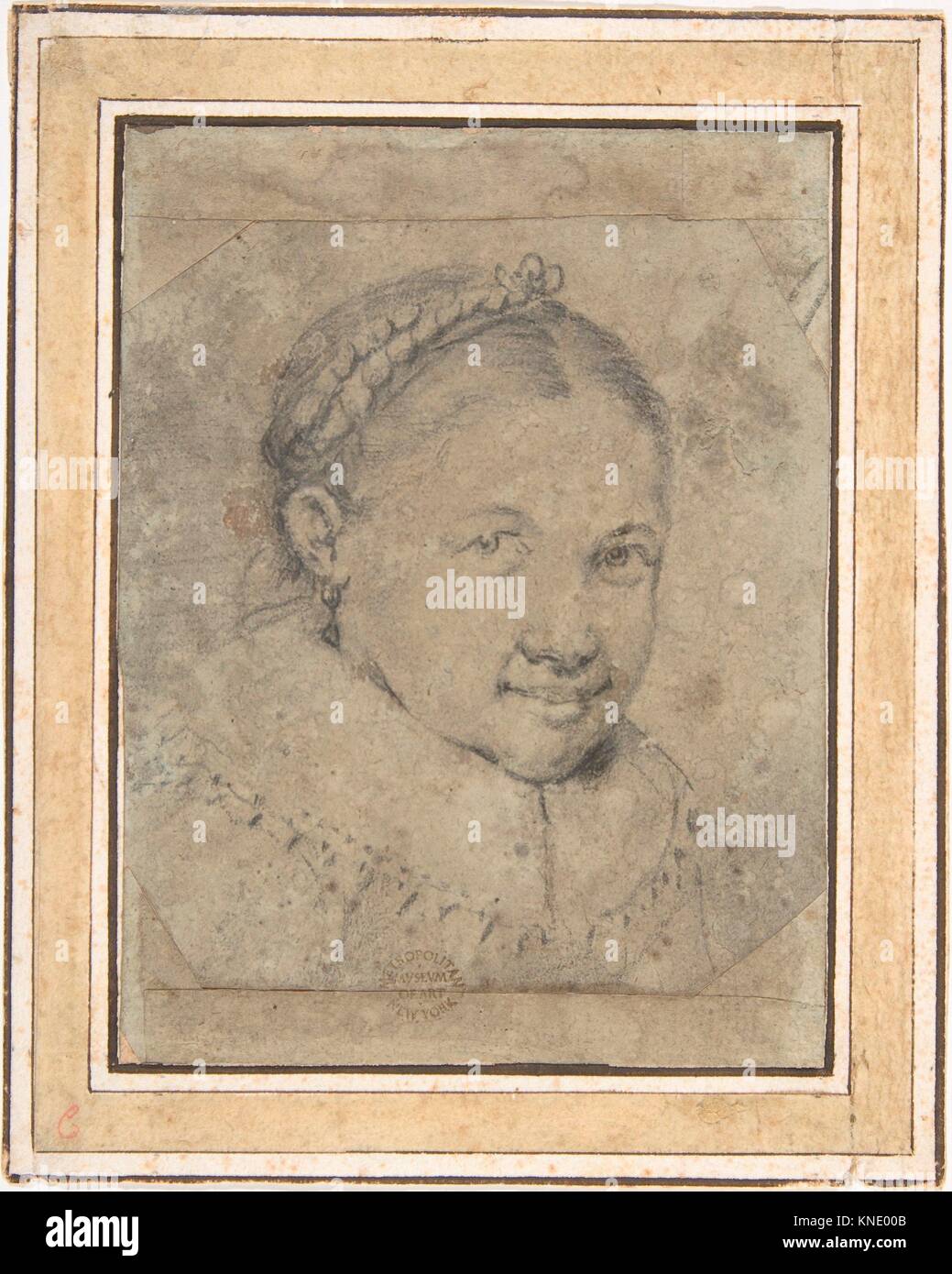 Kopf eines Mädchens. Artist: Anonyme, Niederländisch, 17. Jahrhundert; Datum: 17. Jahrhundert; Mittel: Schwarze Kreide auf festem Papier. Streifen (1/2 in.) Hinzugefügt am oberen und Stockfoto
